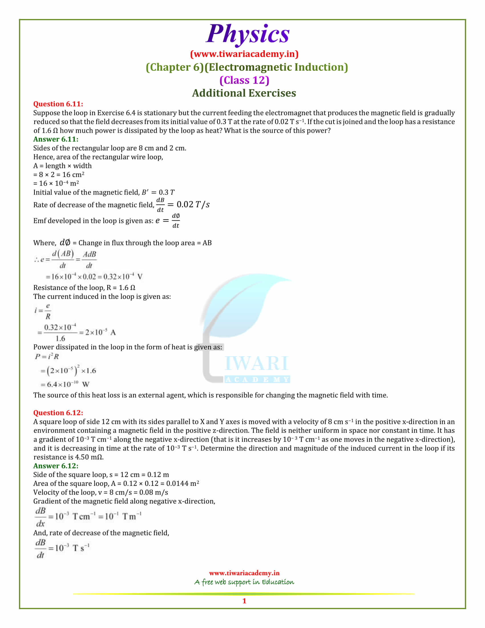 12 Physics Chapter 6 Electromagnetic Induction additional exercises