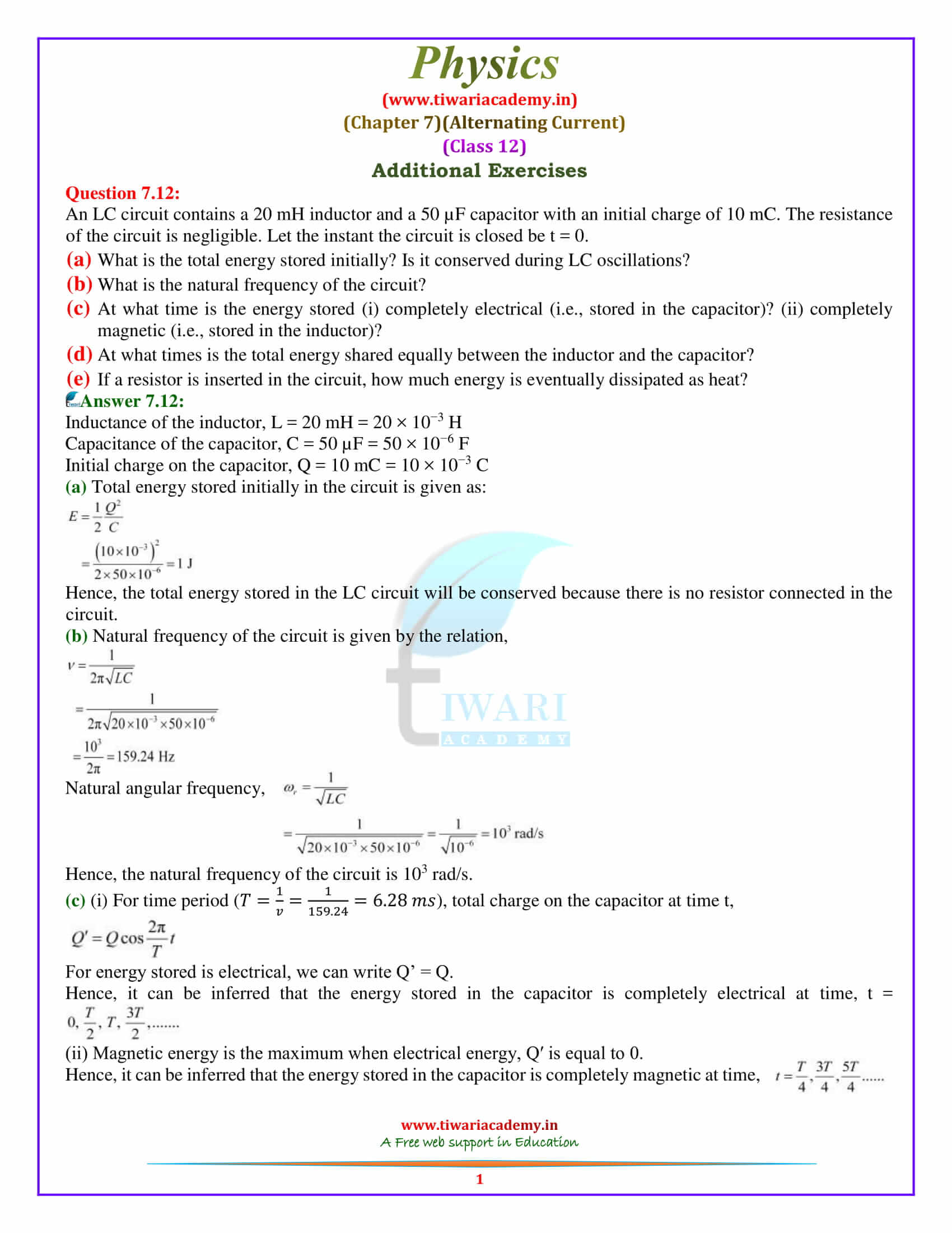 12 Physics Chapter 7 Alternating Current additional exercises