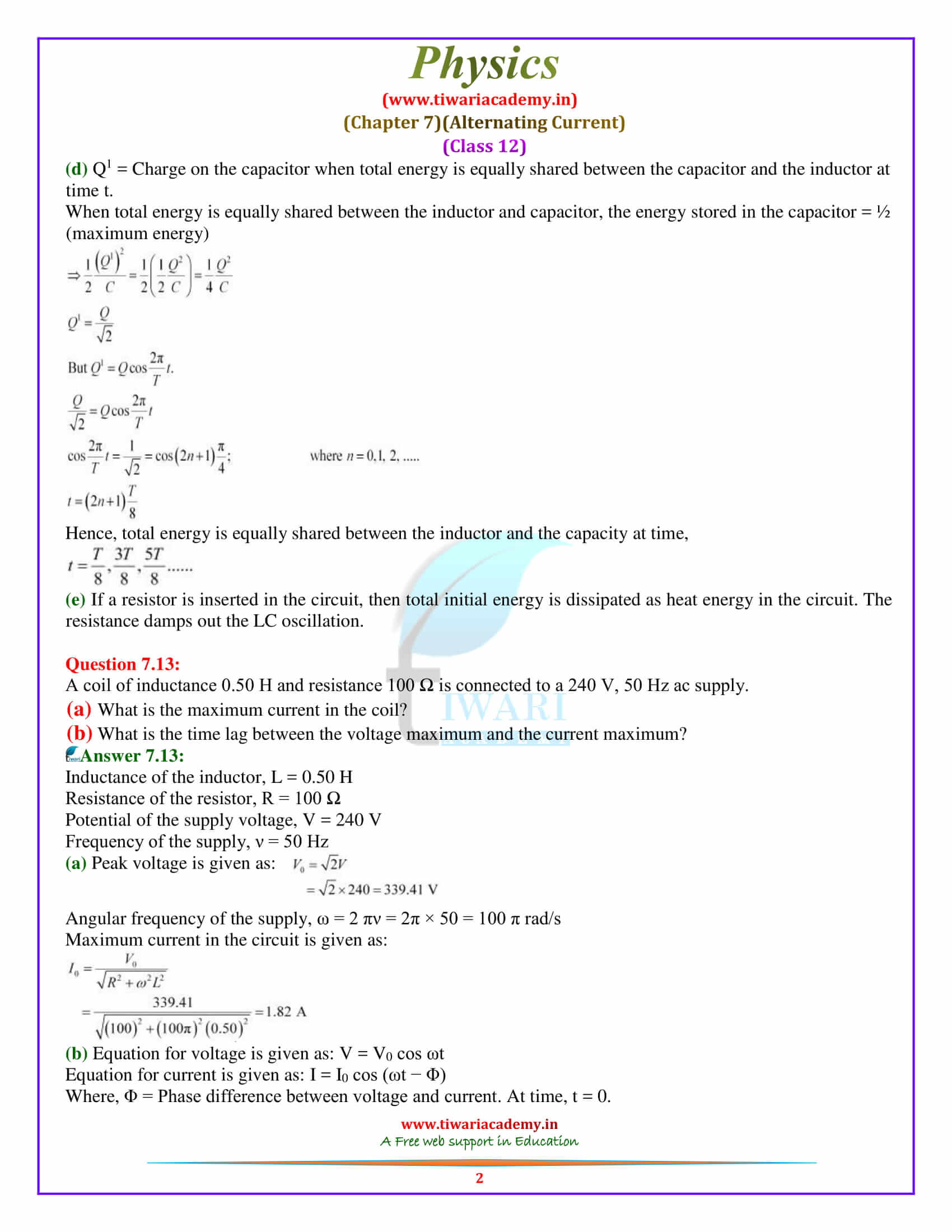 12 Physics Chapter 7 Alternating Current additional exercises answers in pdf free