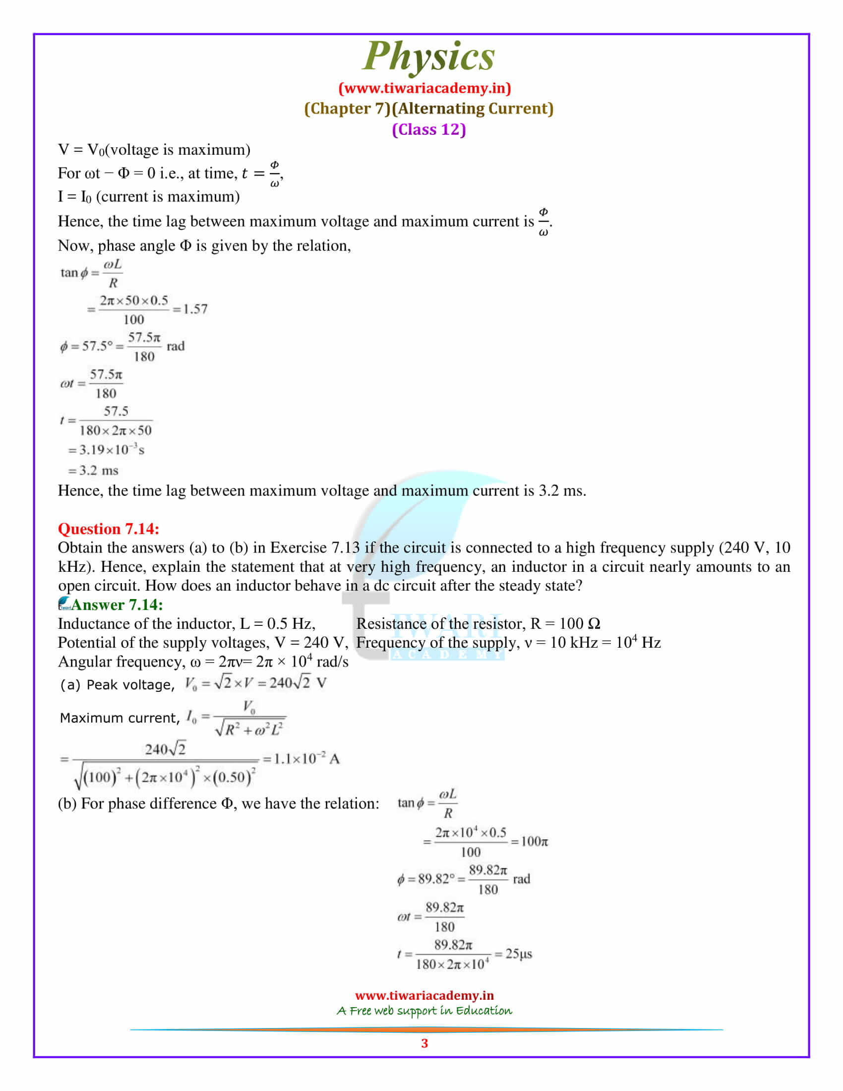 12 Physics Chapter 7 Alternating Current additional exercises solutions in pdf free
