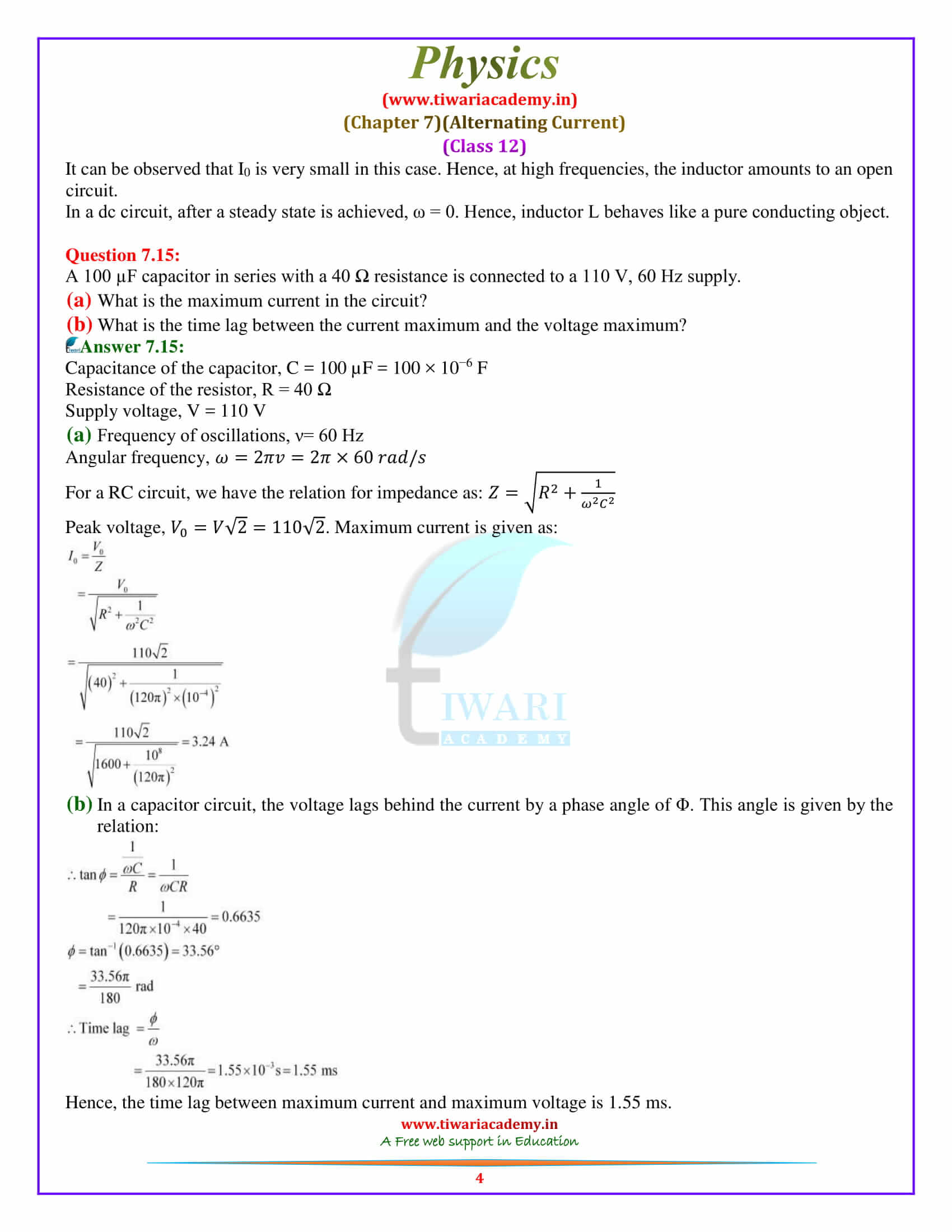 12 Physics Chapter 7 Alternating Current additional exercises sols download