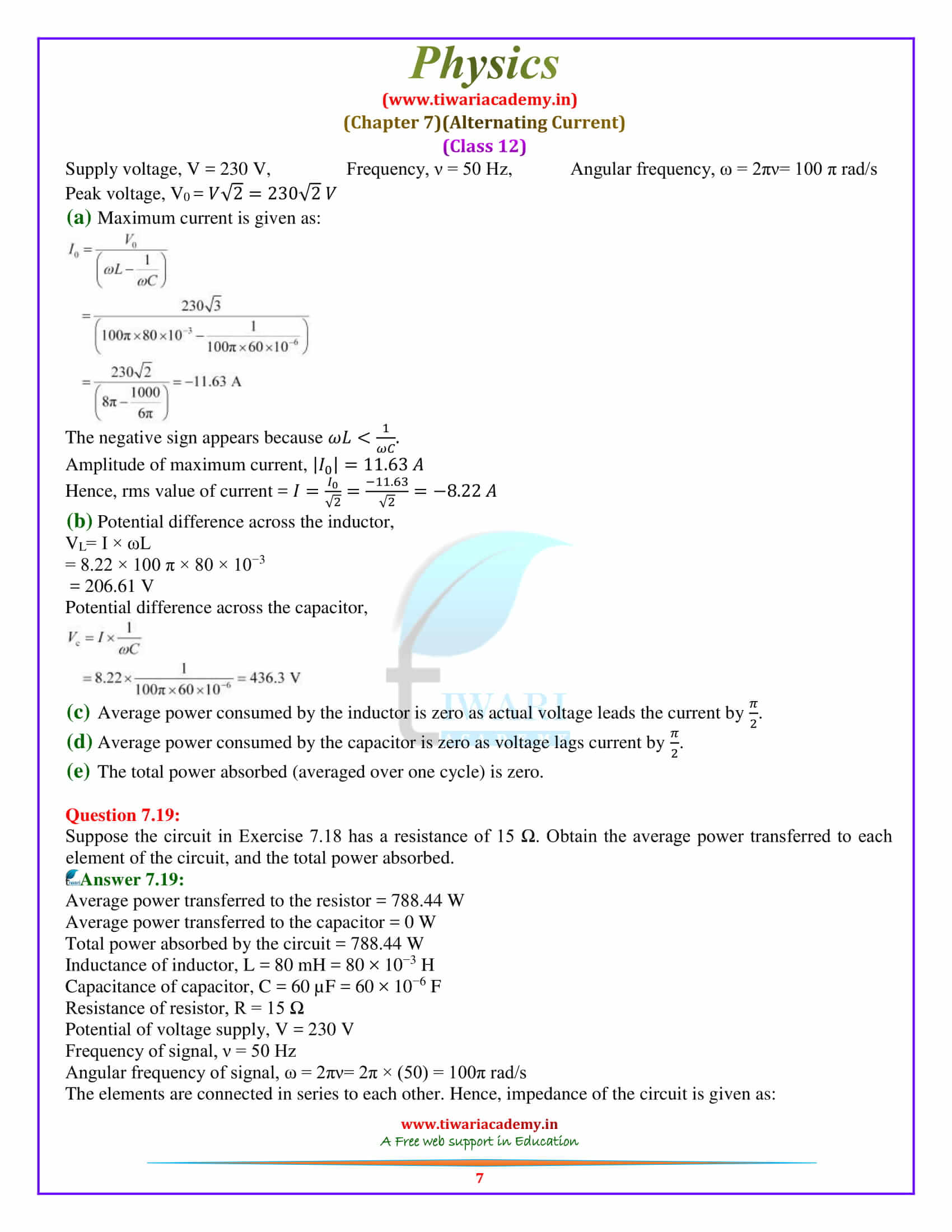 12 Physics Chapter 7 Alternating Current solutions in pdf form free