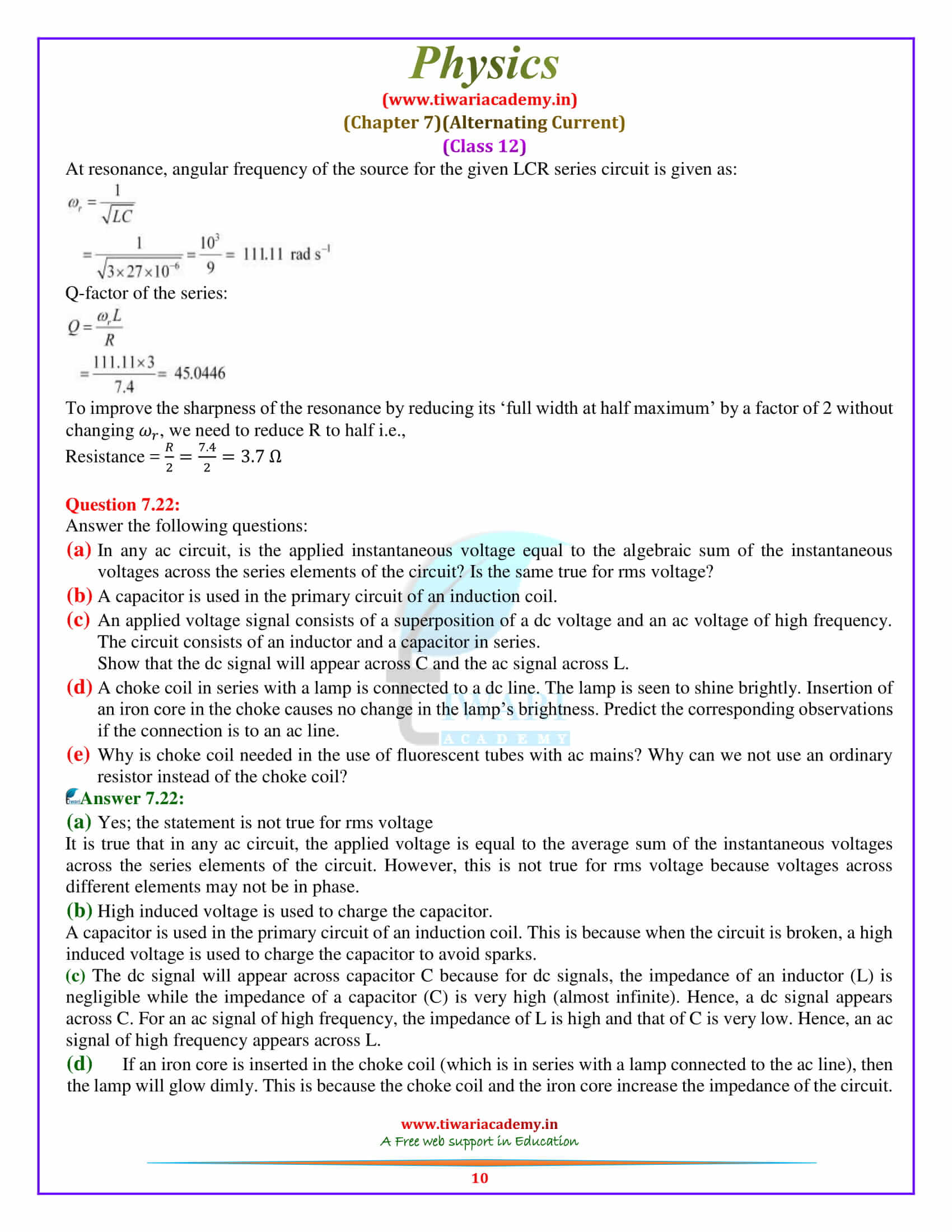 12 Physics Chapter 7 Alternating Current solutions all questions