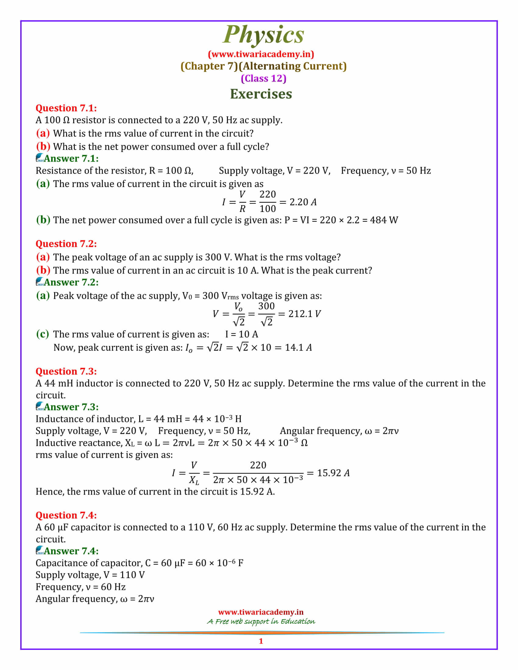 NCERT Solutions for Class 12 Physics Chapter 7 Alternating Current