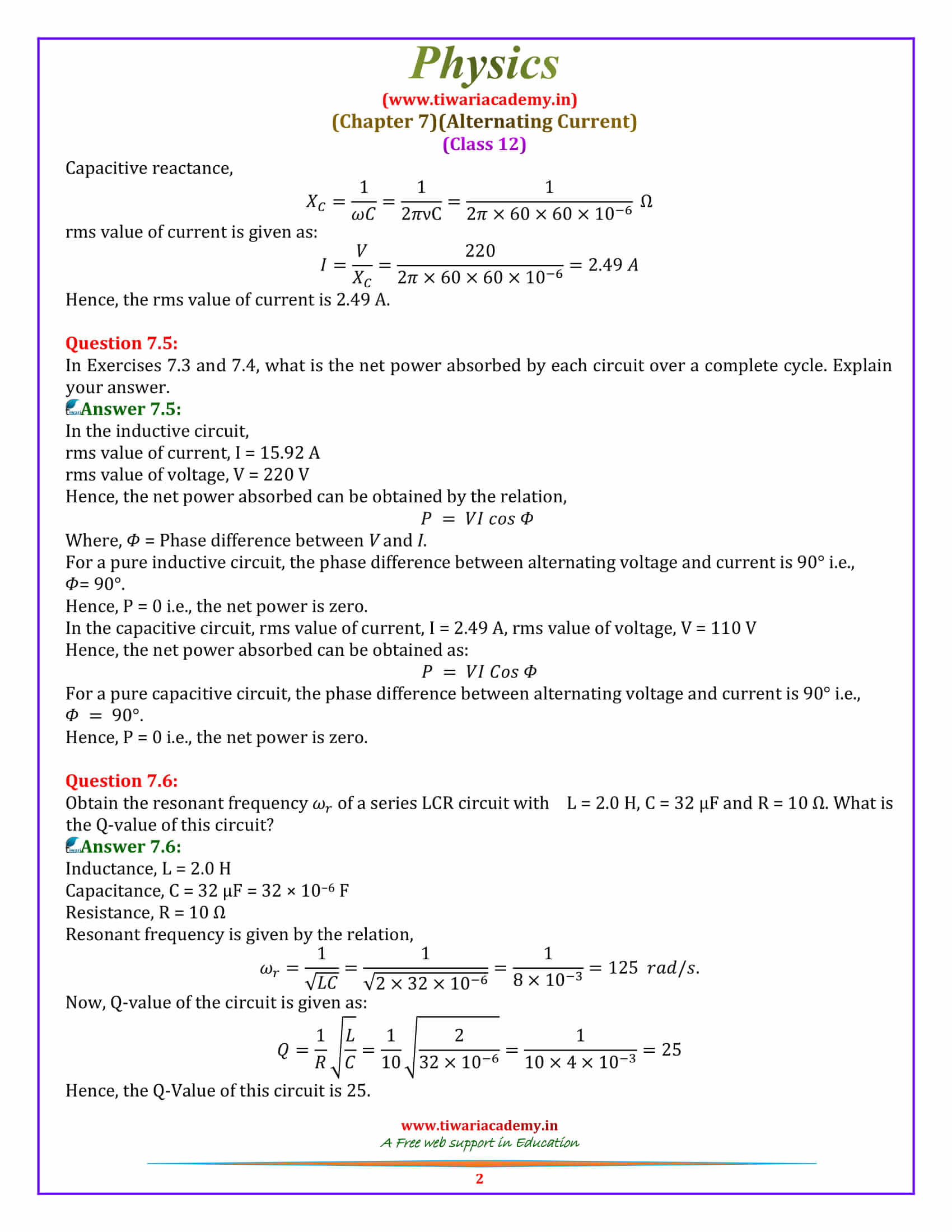 NCERT Solutions for Class 12 Physics Chapter 7 Alternating Current in pdf form
