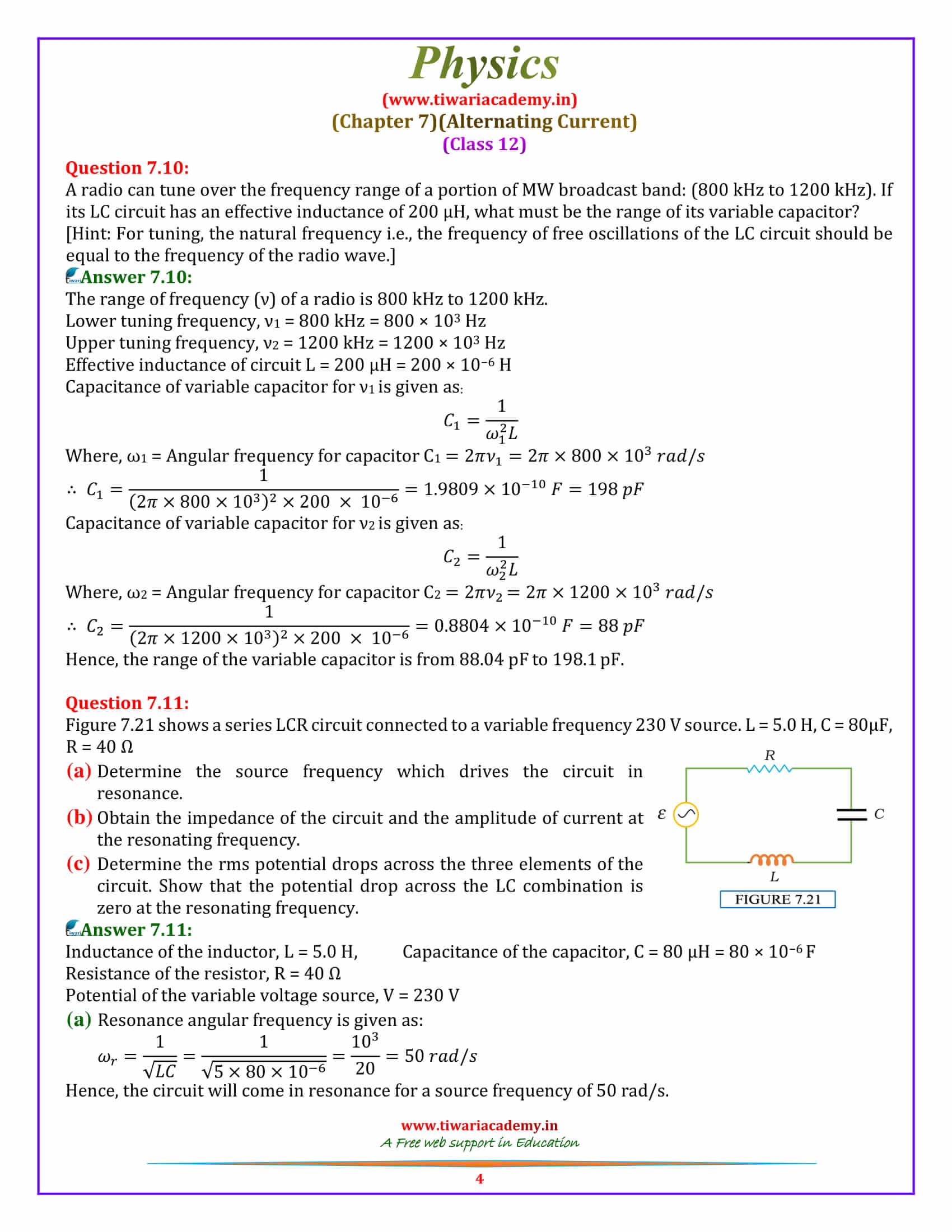 NCERT Solutions for Class 12 Physics Chapter 7 Alternating Current for +2 intermediate