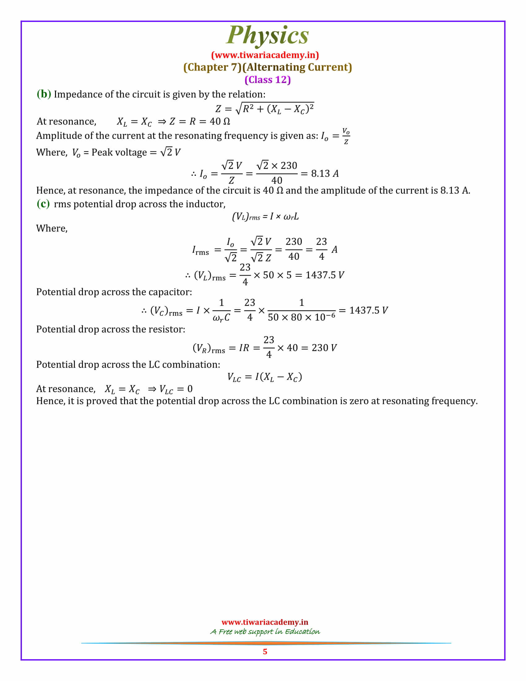 NCERT Solutions for Class 12 Physics Chapter 7 Alternating Current download free pdf
