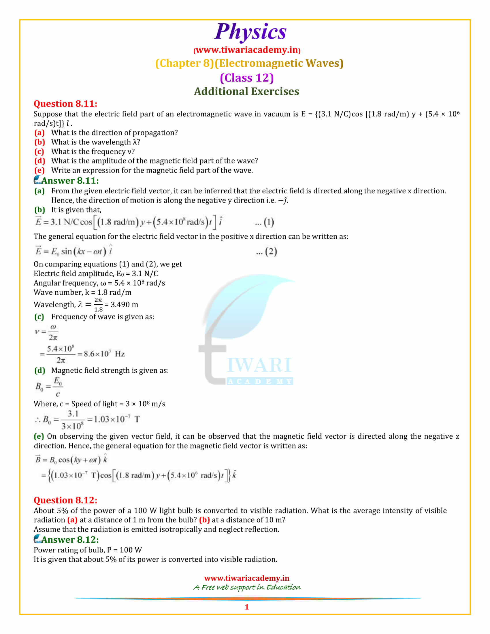 12 Physics Chapter 8 Electromagnetic Waves additional exercises solutions