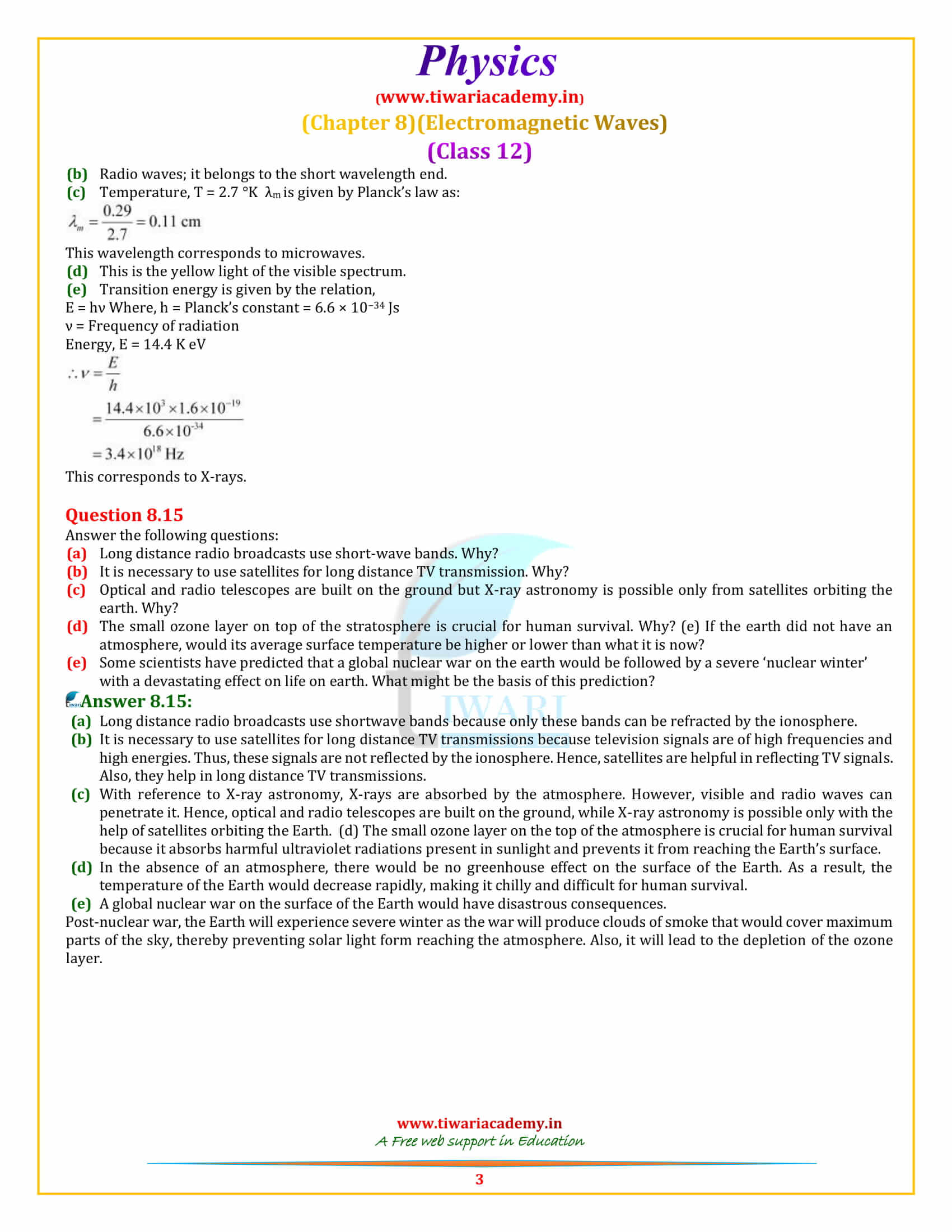 12 Physics Chapter 8 Electromagnetic Waves additional exercises download solutons