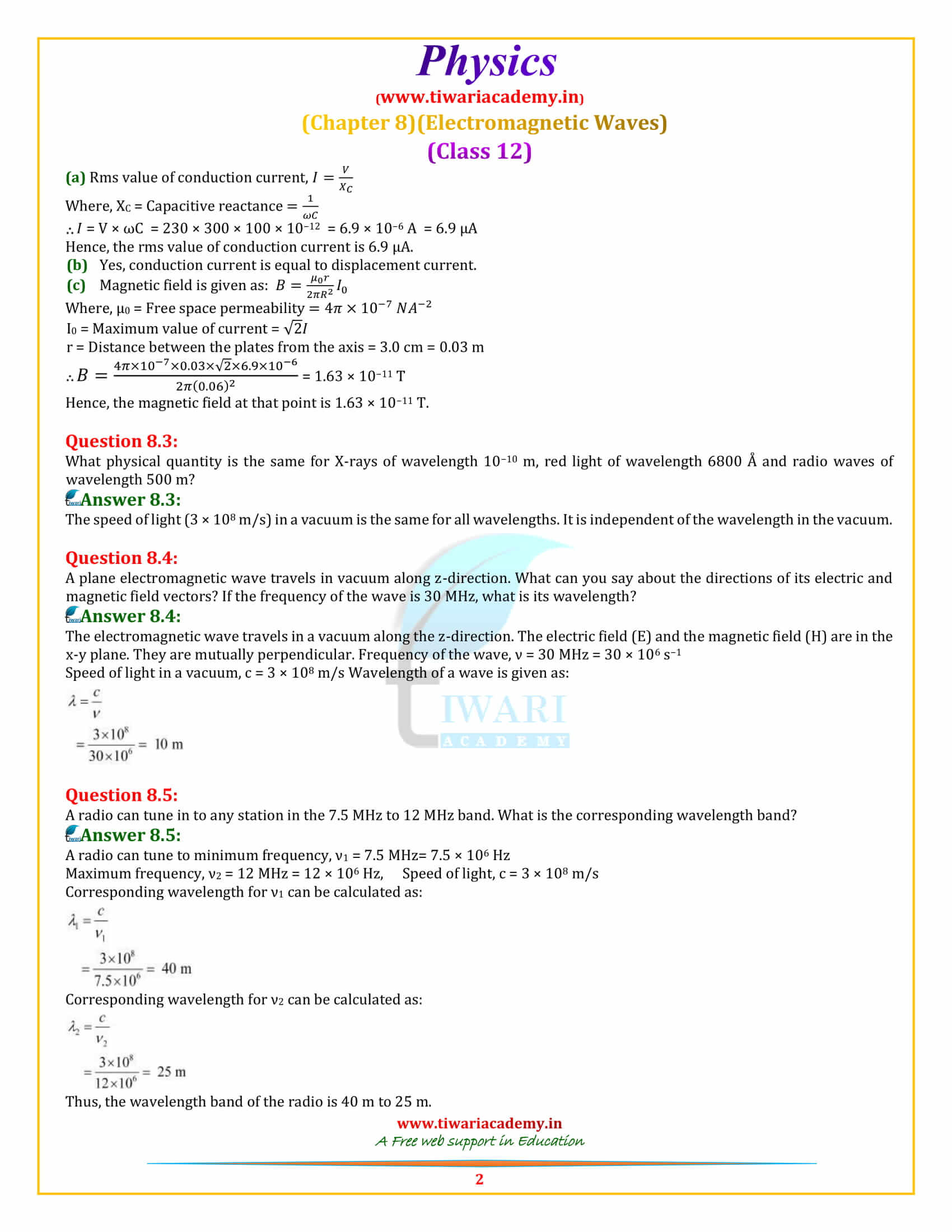 NCERT Solutions for Class 12 Physics Chapter 8 EM Waves in pdf form