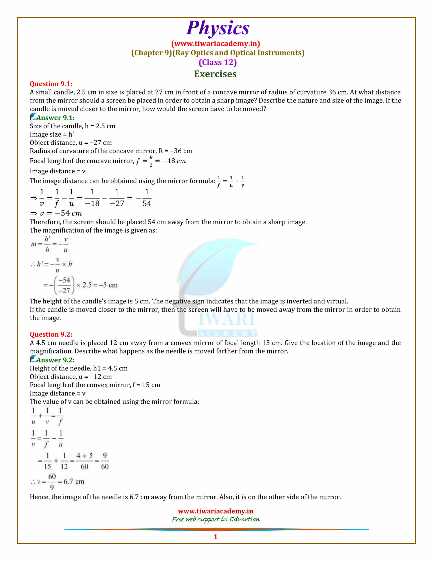 NCERT Solutions for Class 12 Physics Chapter 9 Ray Optics and Optical Instruments