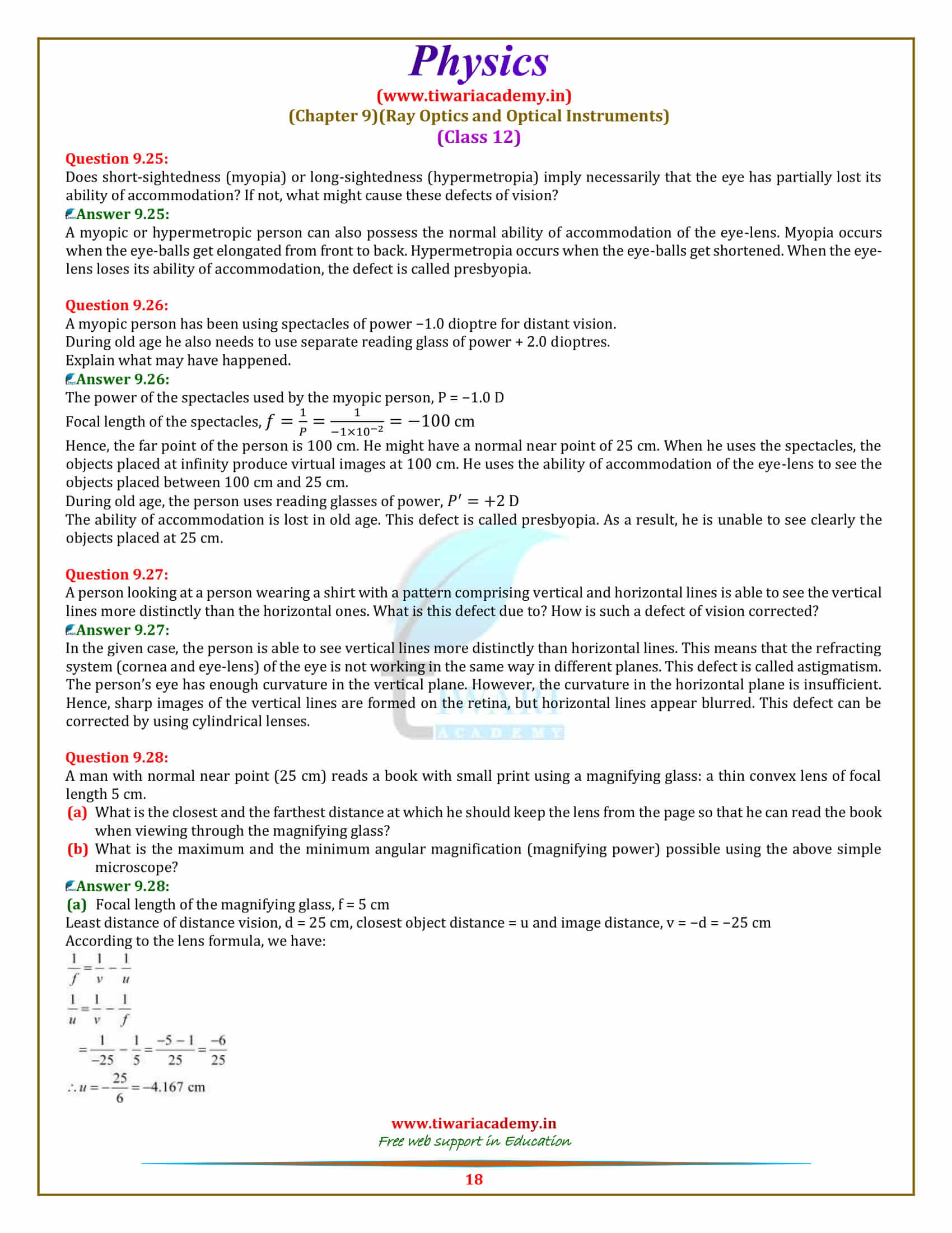 12 Physics Chapter 9 Ray Optics and Optical Instruments all question answers