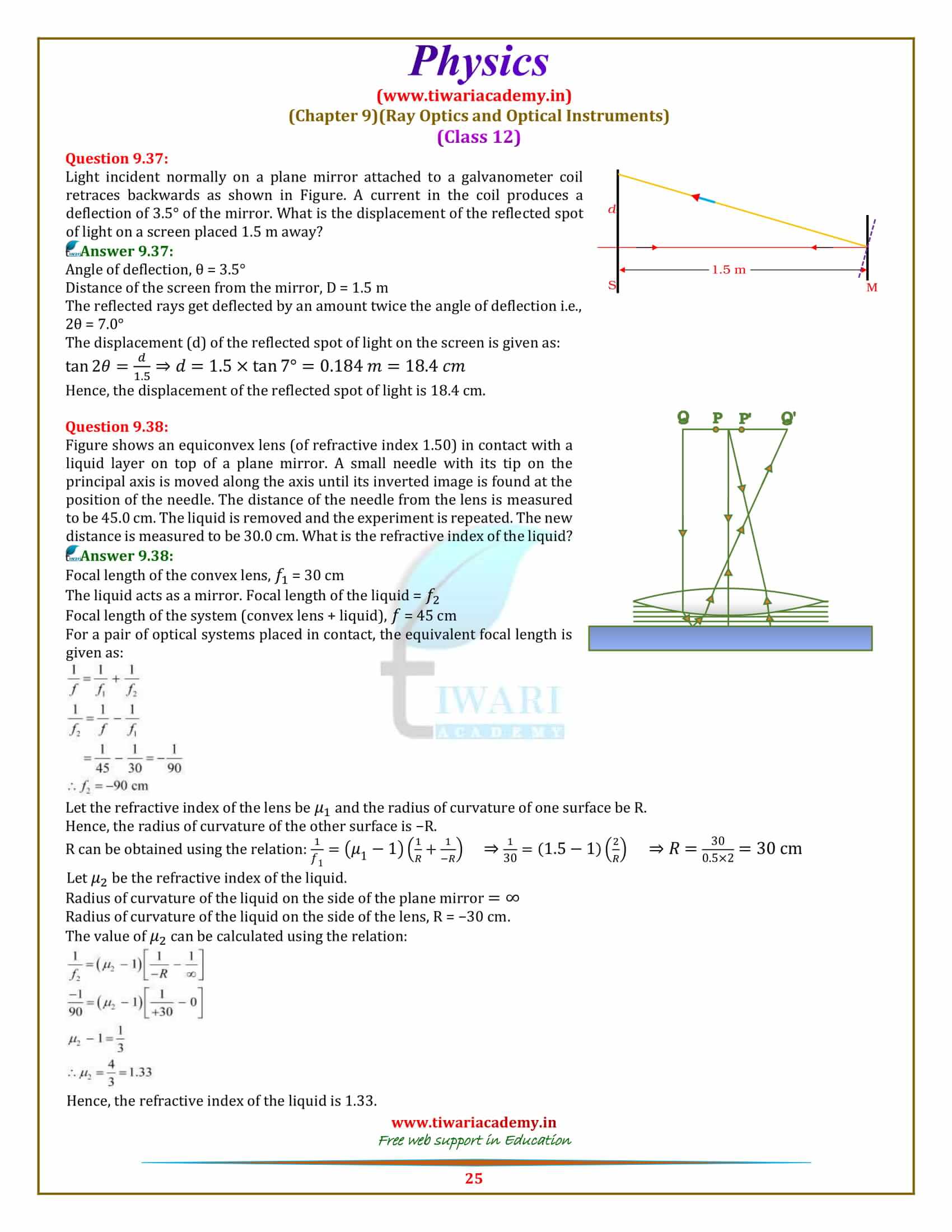 12 Physics Chapter 9 Ray Optics solutions for intermediate +2