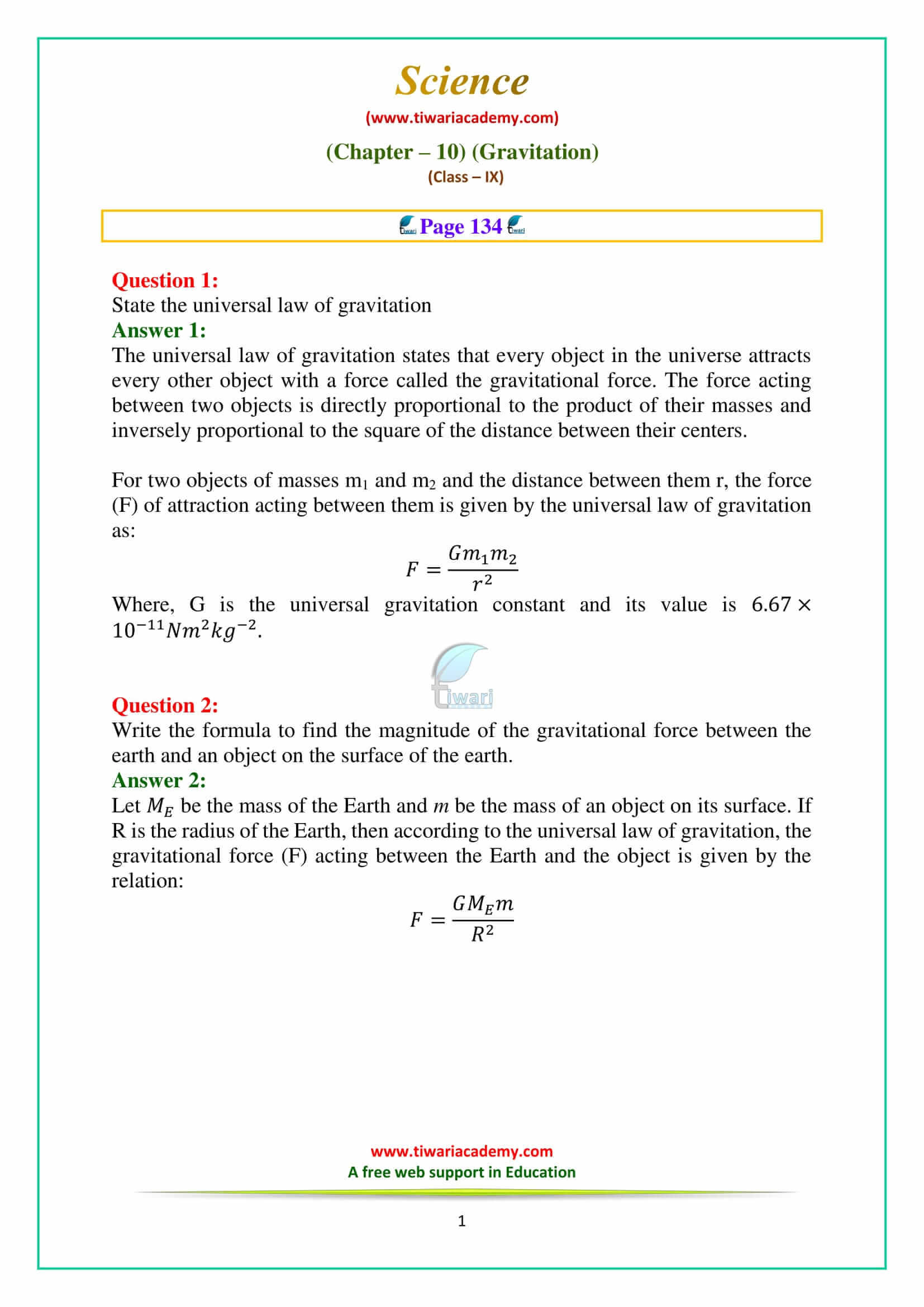 NCERT Solutions Class 9 Science Chapter 10 Gravitation Intext Questions on page 134