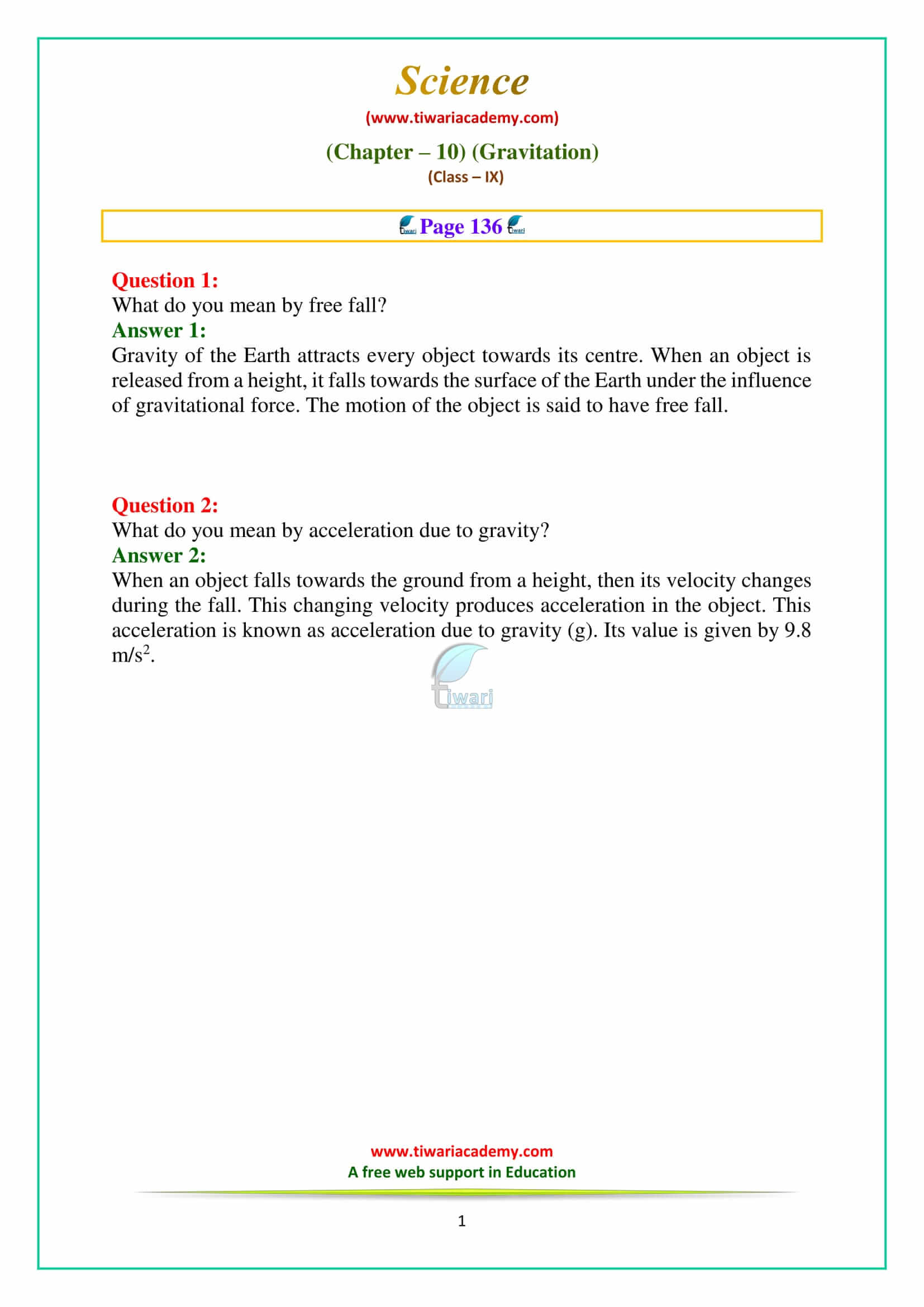 NCERT Solutions Class 9 Science Chapter 10 Gravitation Intext Questions on page 136