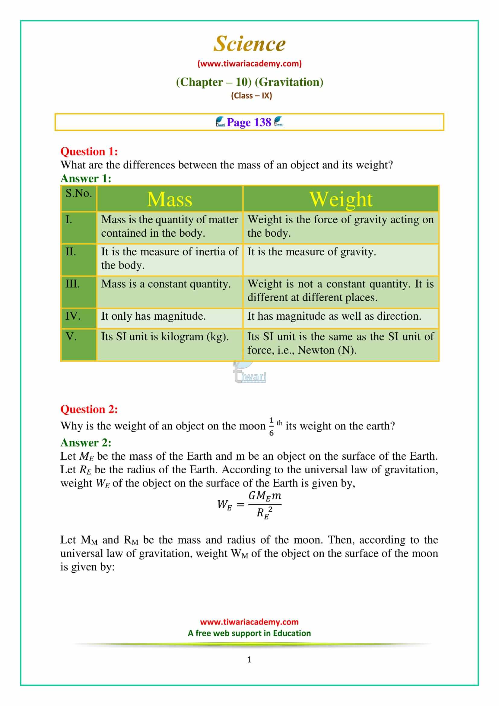 NCERT Solutions Class 9 Science Chapter 10 Gravitation Intext Questions on page 138