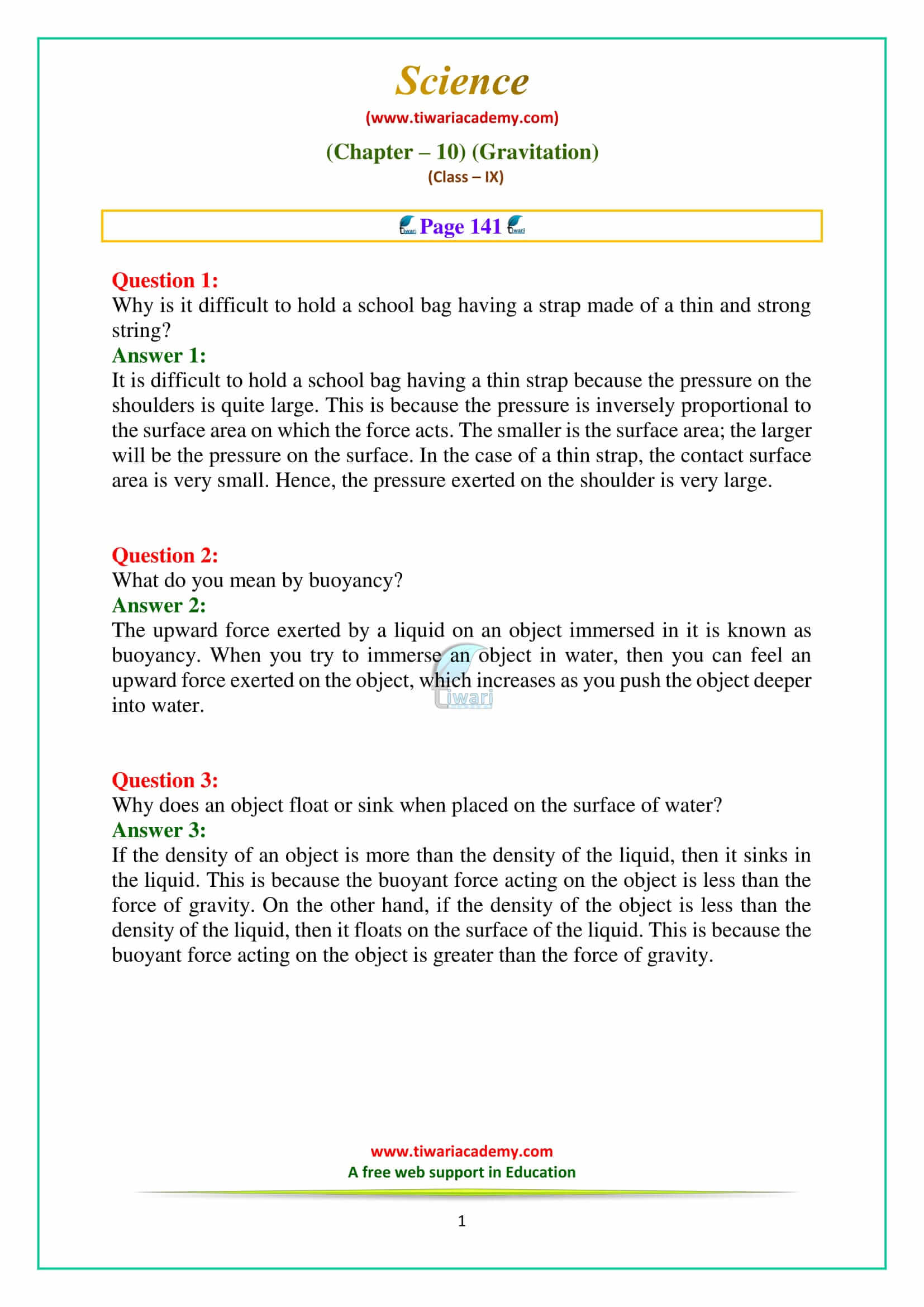 9 Science Chapter 10 Gravitation Intext Questions on page 141