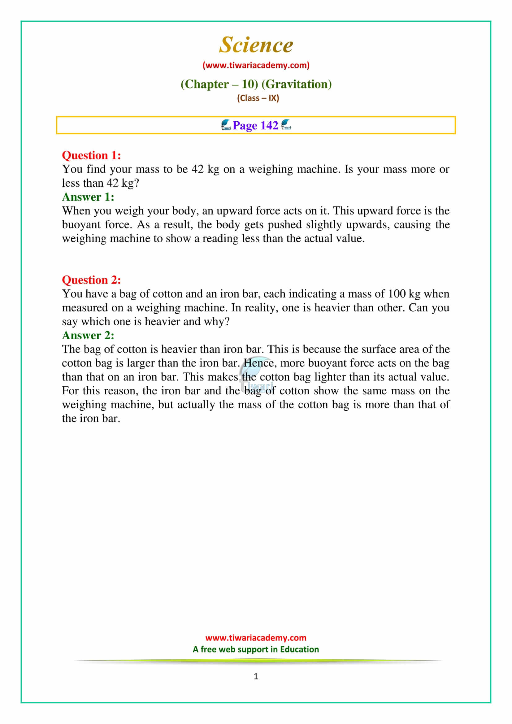 9 Science Chapter 10 Gravitation Intext Questions on page 142
