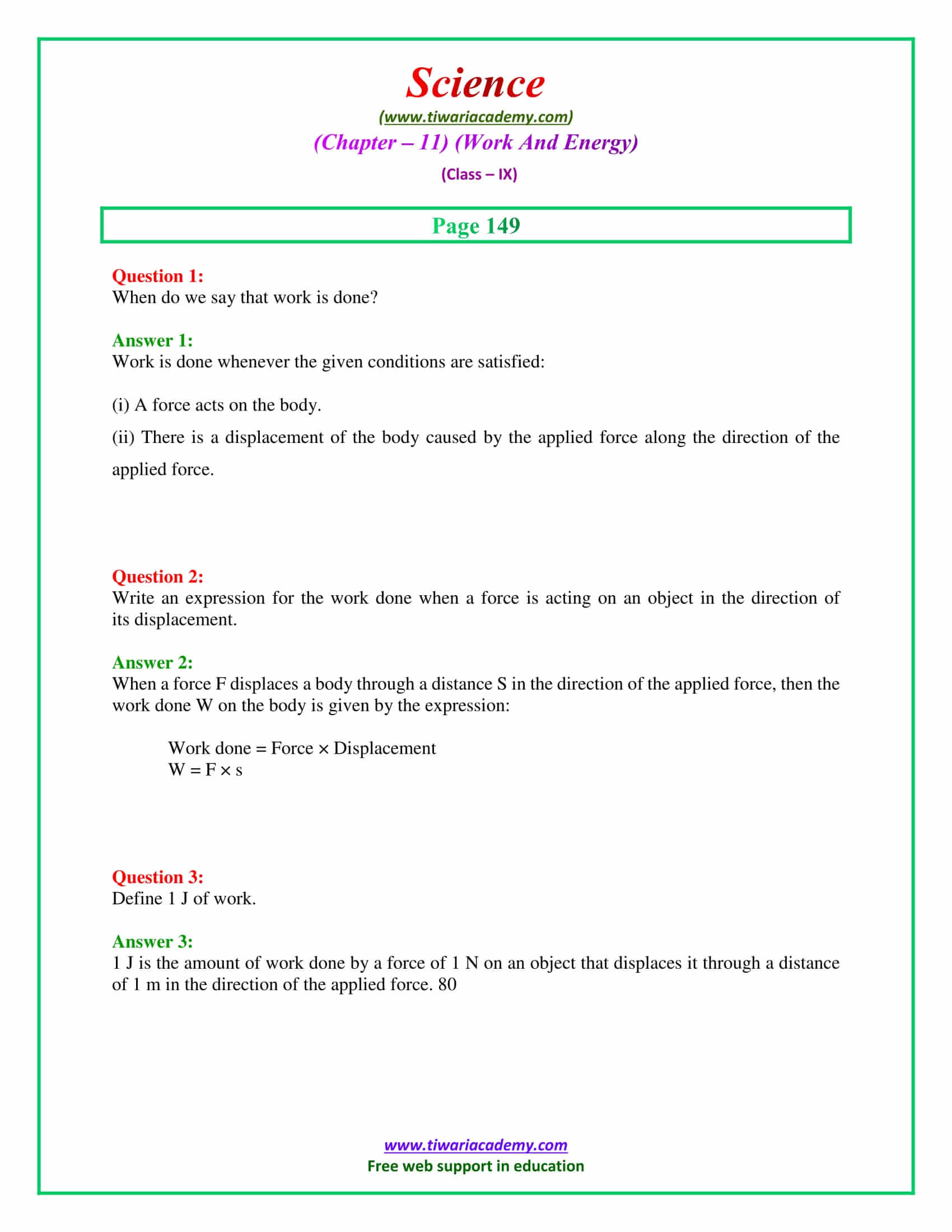 9 Science Chapter 11 Work and Energy Intext Questions on page 149