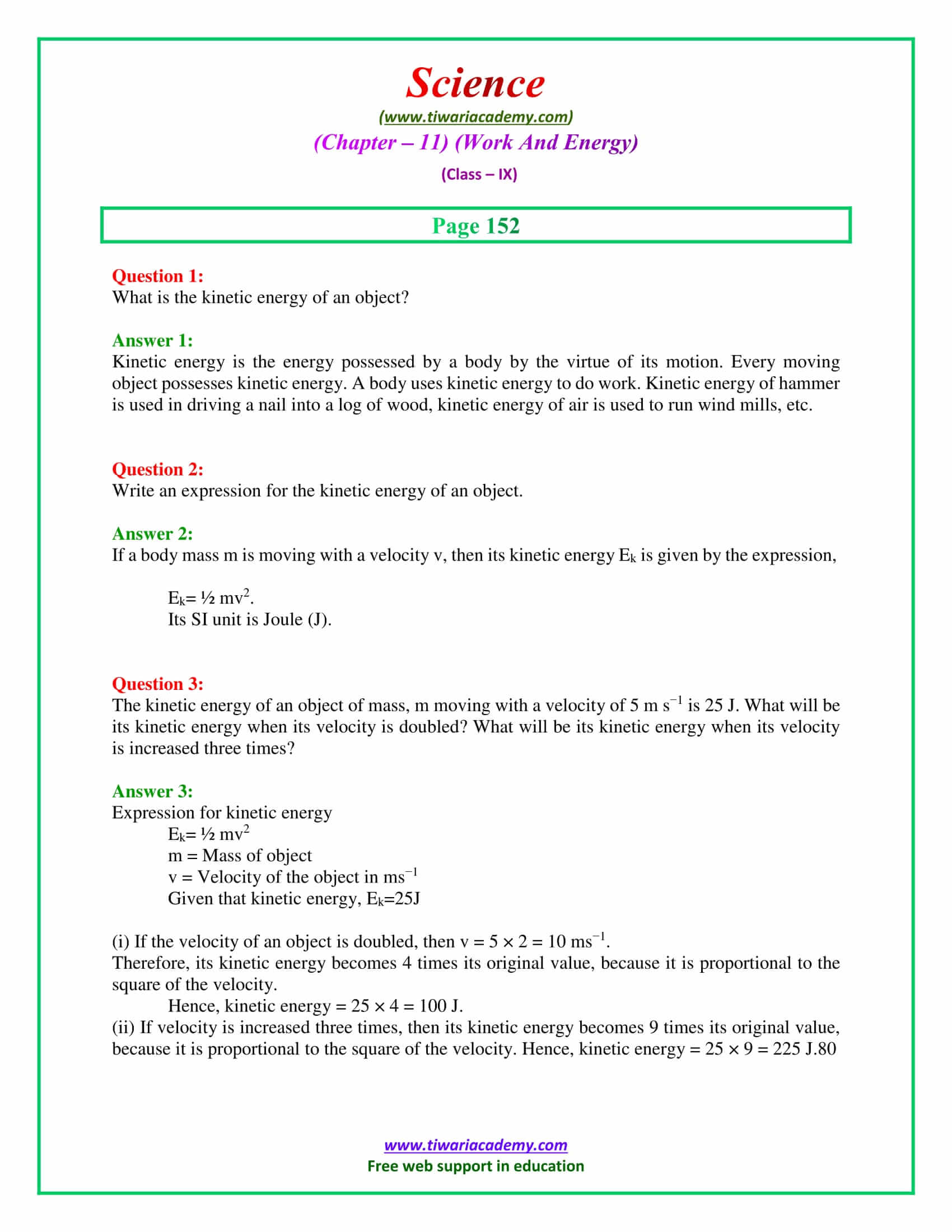 9 Science Chapter 11 Work and Energy Intext Questions on page 152