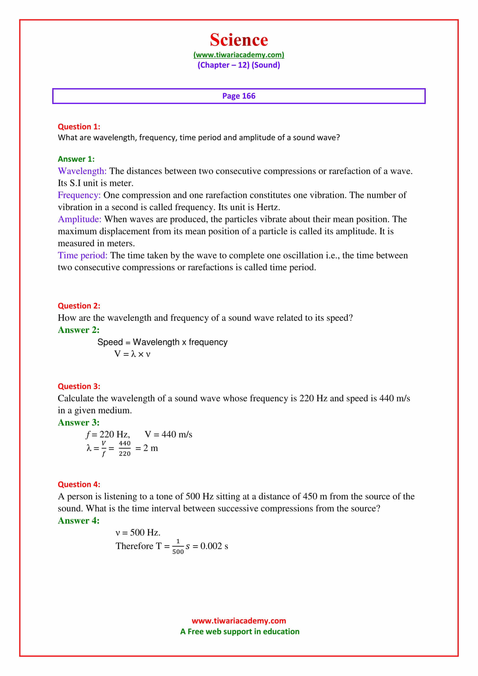 NCERT Solutions for Class 9 Science Chapter 12 Sound page 166 in pdf form