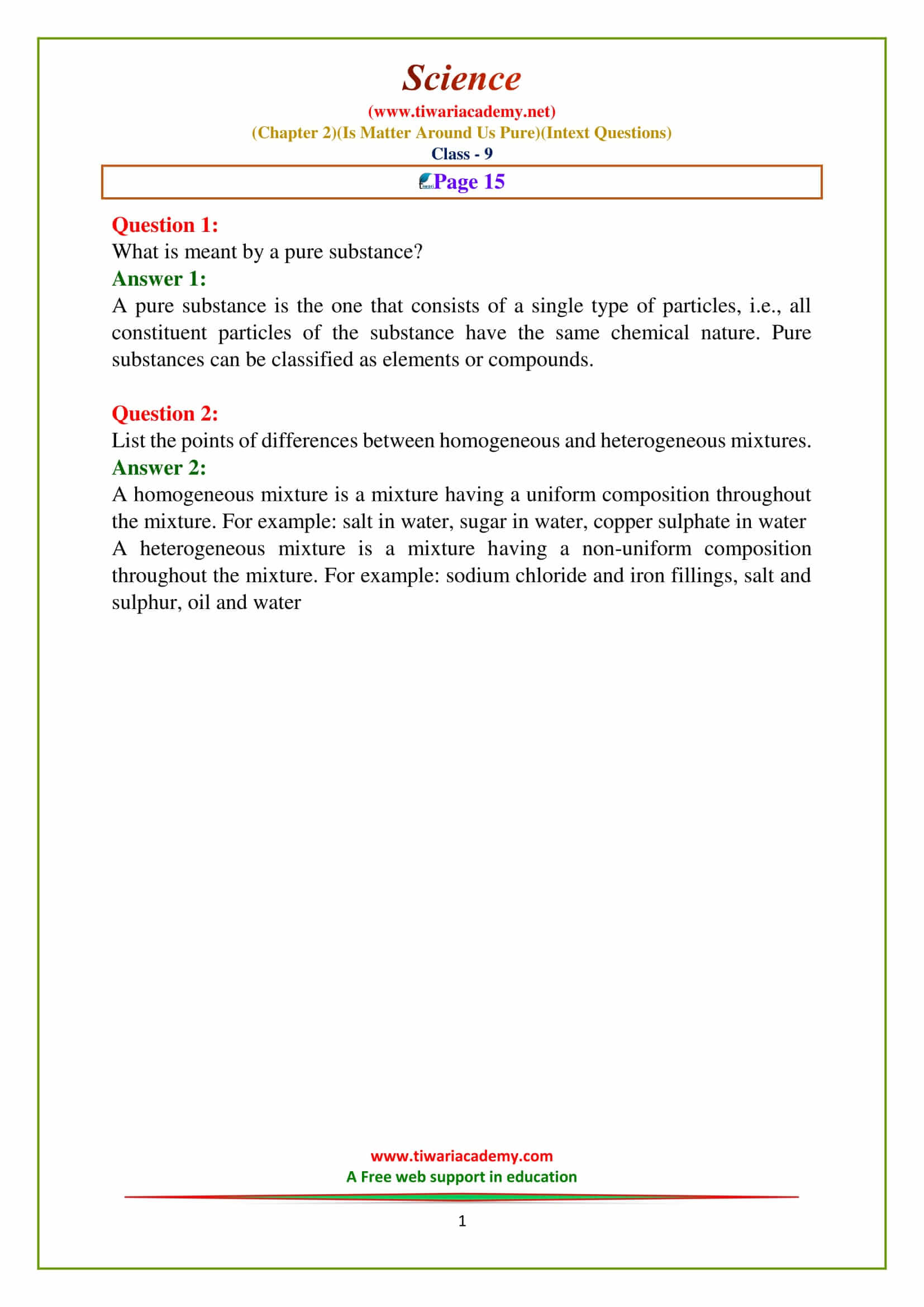 NCERT Solutions for Class 9 Science Chapter 2 Is Matter Around Us Pure page 15 questions answres