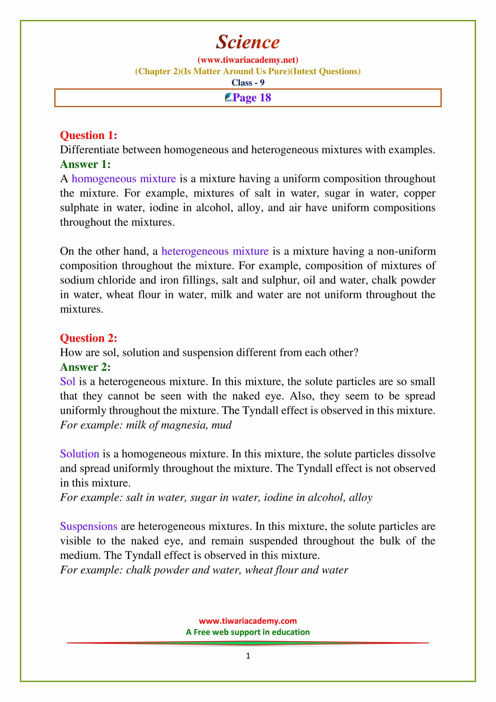 NCERT Solutions for Class 9 Science Chapter 2 Is Matter Around Us Pure page 18 questions answres