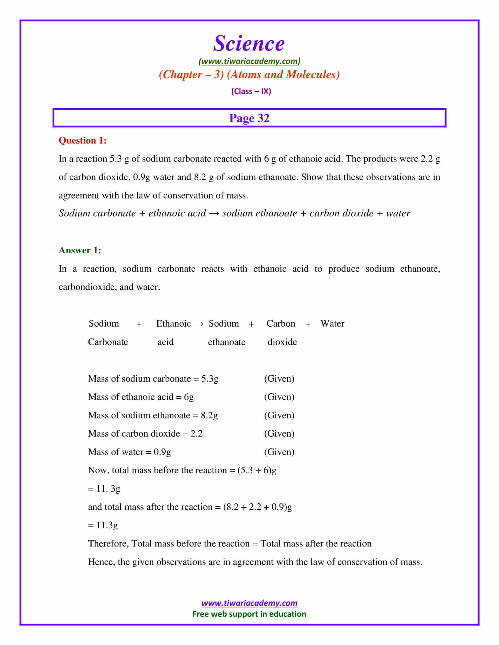 CBSE NCERT Solutions for Class 9 Science Chapter 3 Atoms and Molecules page 32