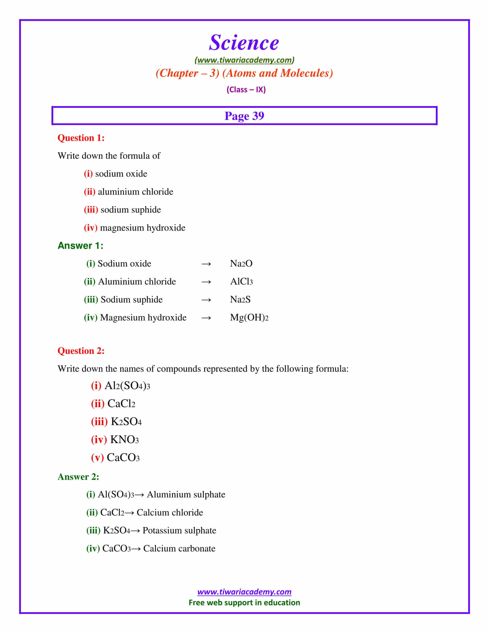CBSE NCERT Solutions for Class 9 Science Chapter 3 Atoms and Molecules intext questions page 39