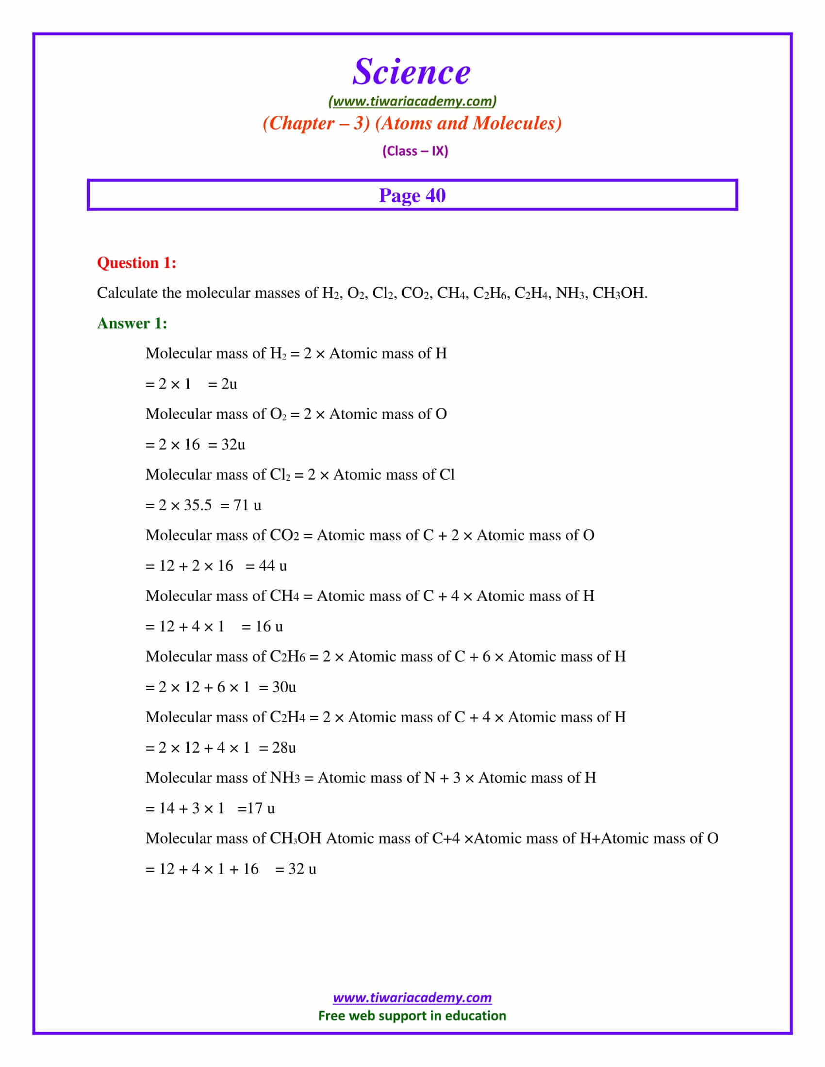 CBSE NCERT Solutions for Class 9 Science Chapter 3 Atoms and Molecules intext questions page 40
