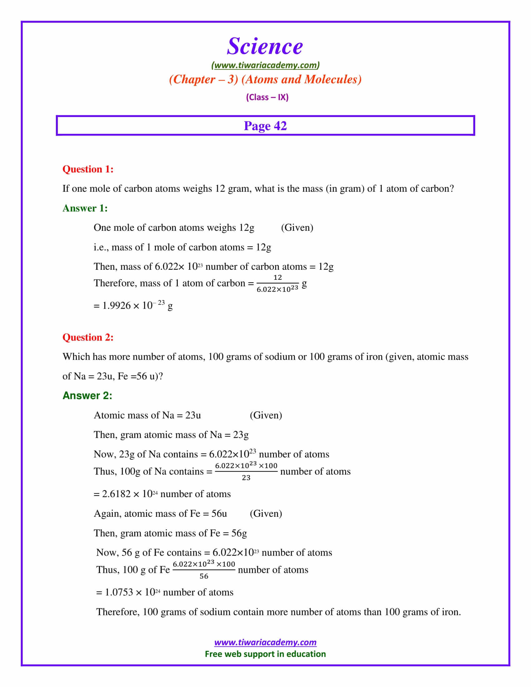 CBSE NCERT Solutions for Class 9 Science Chapter 3 Atoms and Molecules intext questions page 42