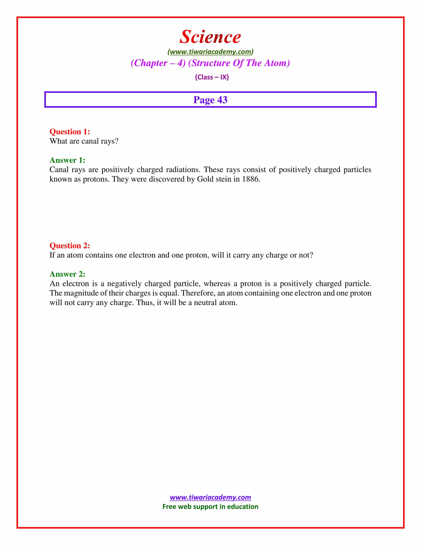 NCERT Solutions for Class 9 Science Chapter 4 Structure of the Atom intext questions page 43