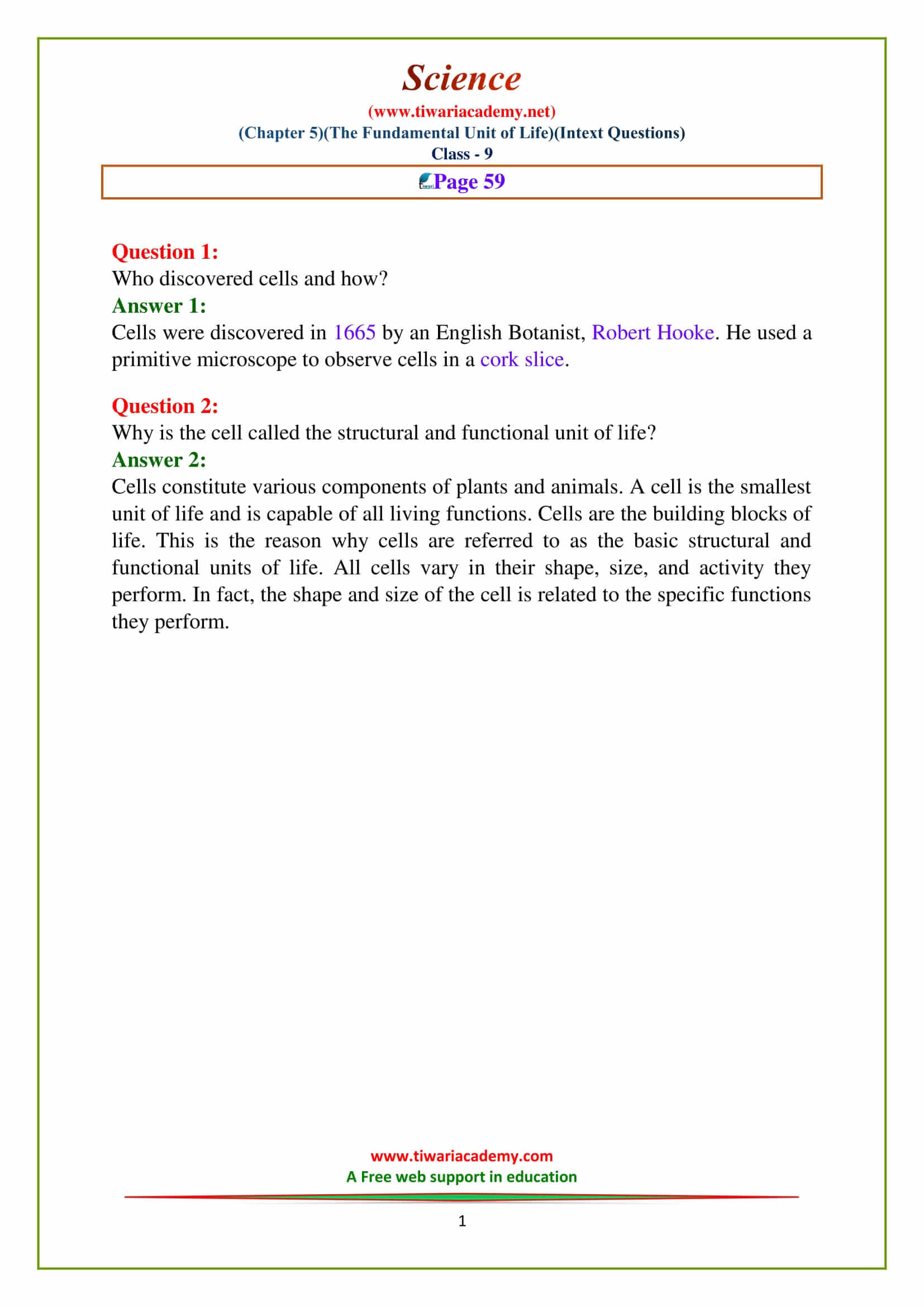 NCERT Solutions for Class 9 Science Chapter 5 The fundamental unit of life Intext questions of page 59
