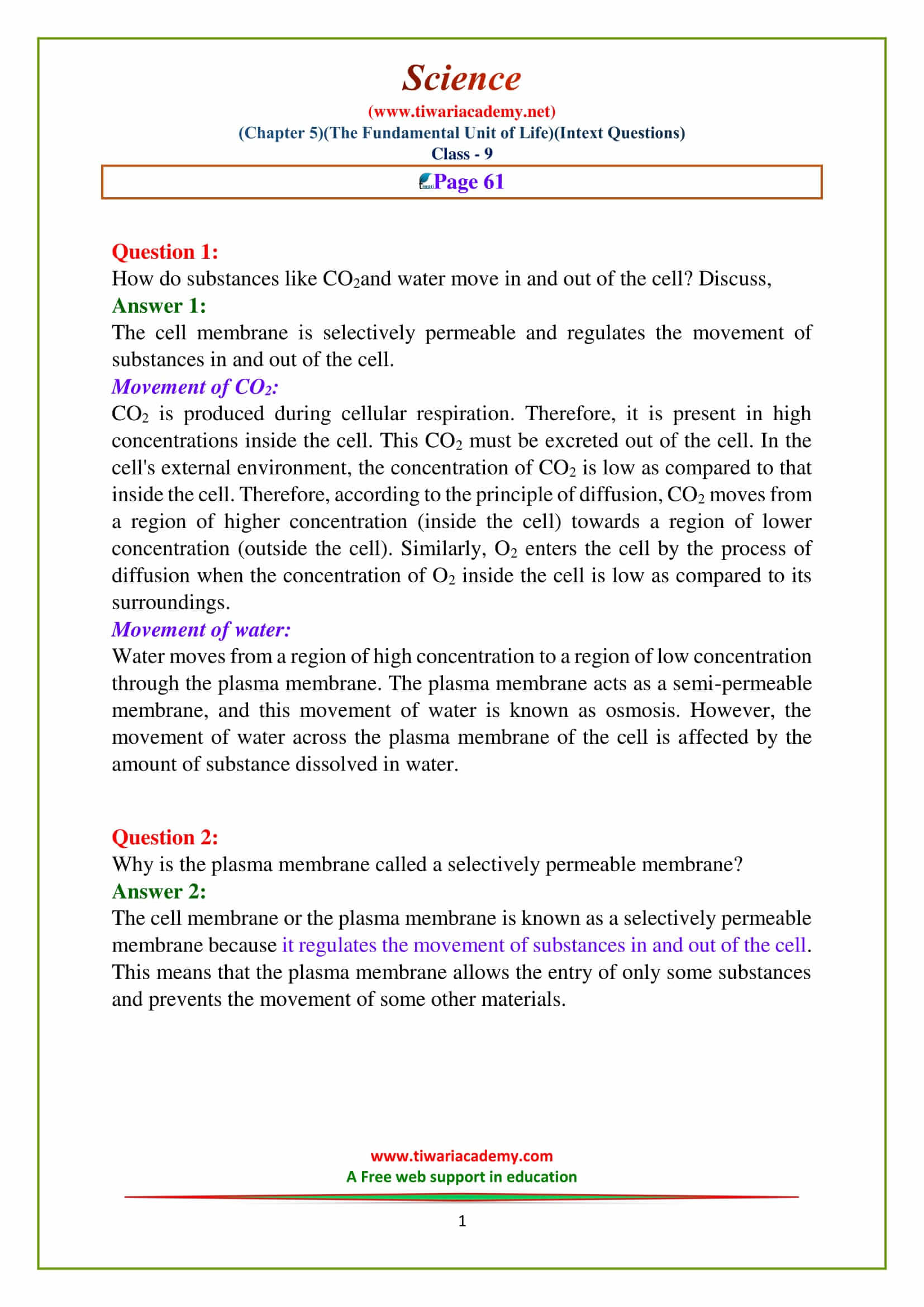 9 Science Chapter 5 The fundamental unit of life Intext questions of page 61
