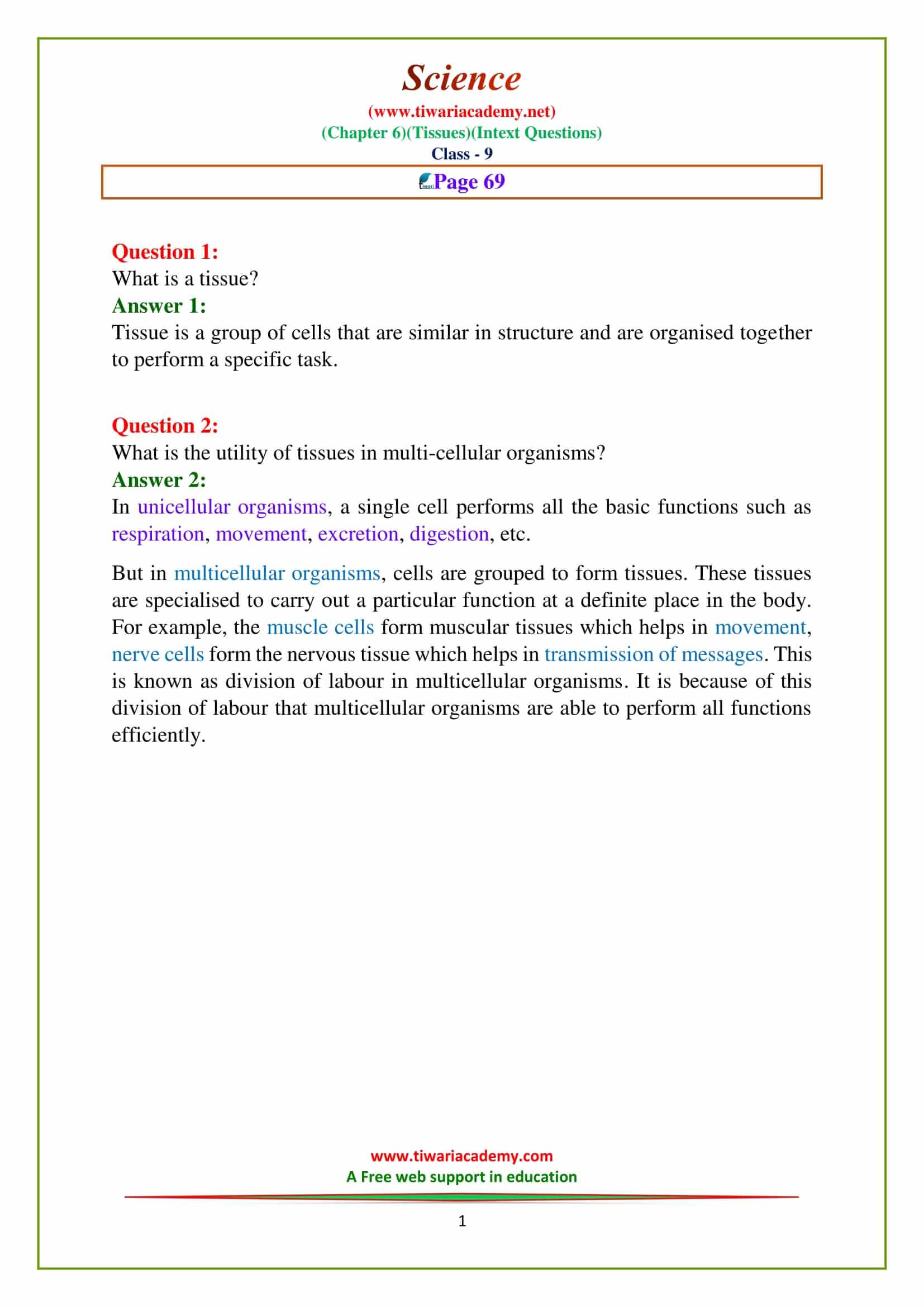 NCERT Solutions for Class 9 Science Chapter 6 Tissues Intext Questions of Page 69