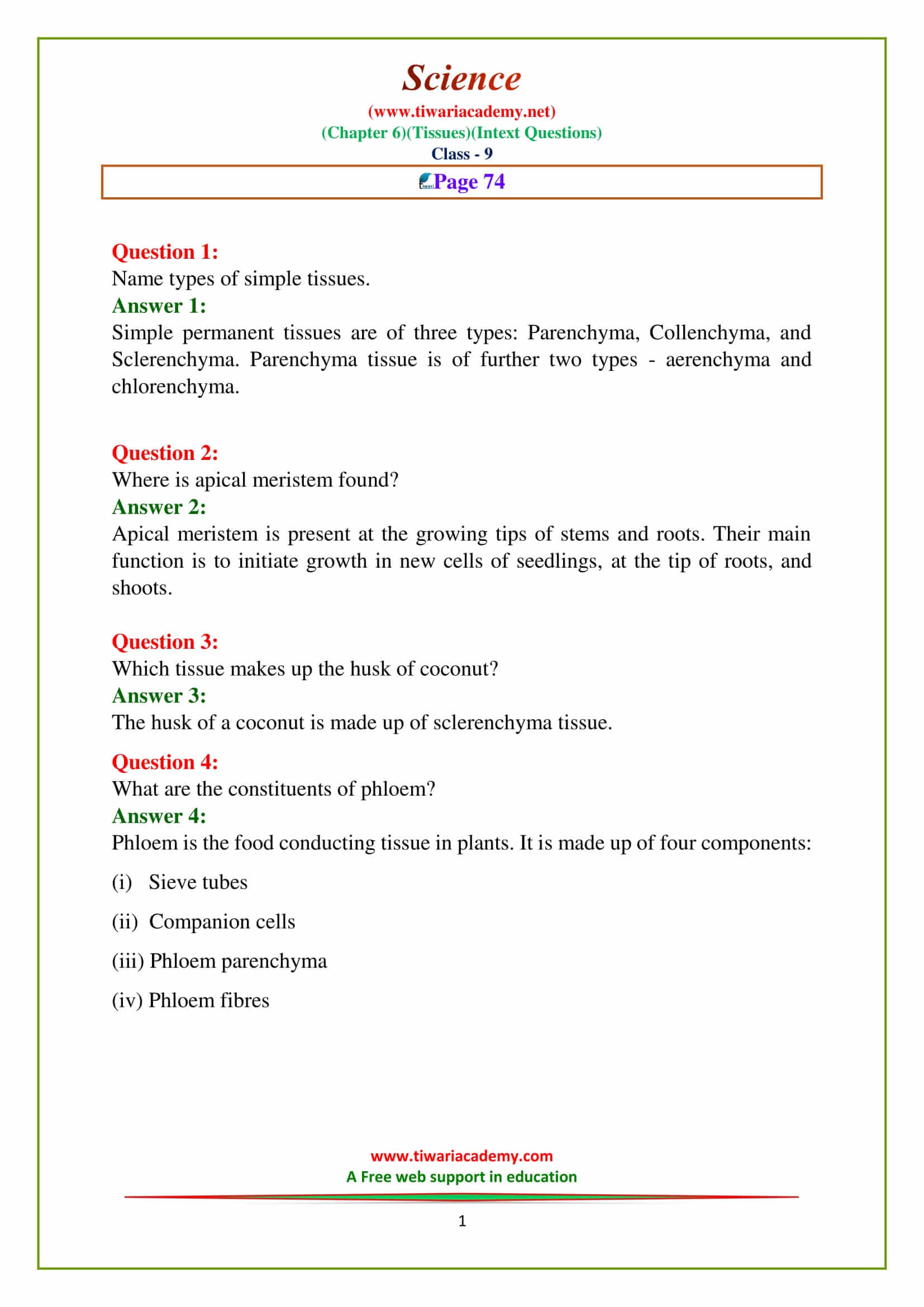 NCERT Solutions for Class 9 Science Chapter 6 Tissues Intext Questions of Page 74