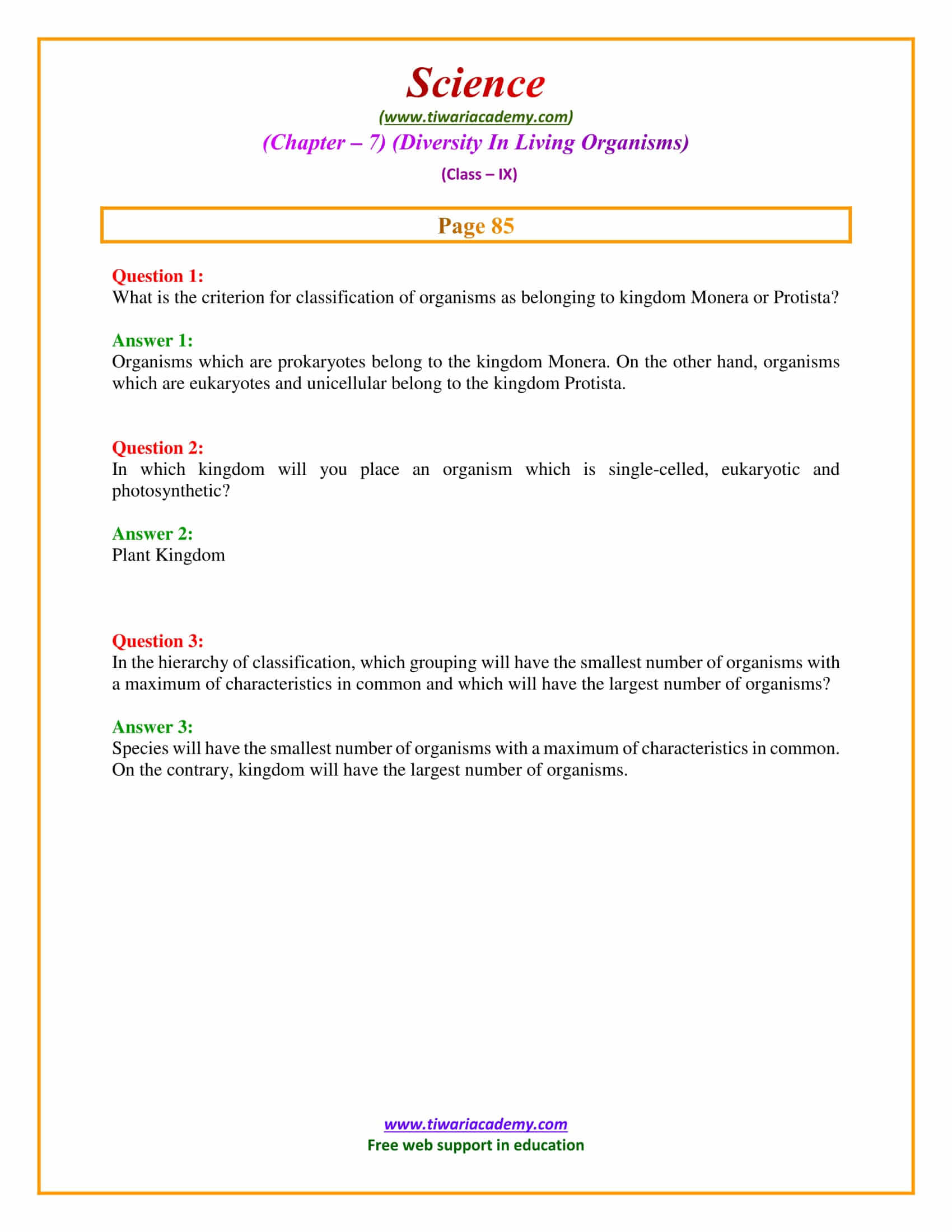 NCERT Solutions for Class 9 Science Chapter 7 Diversity in Living Organisms Intext questions page 85