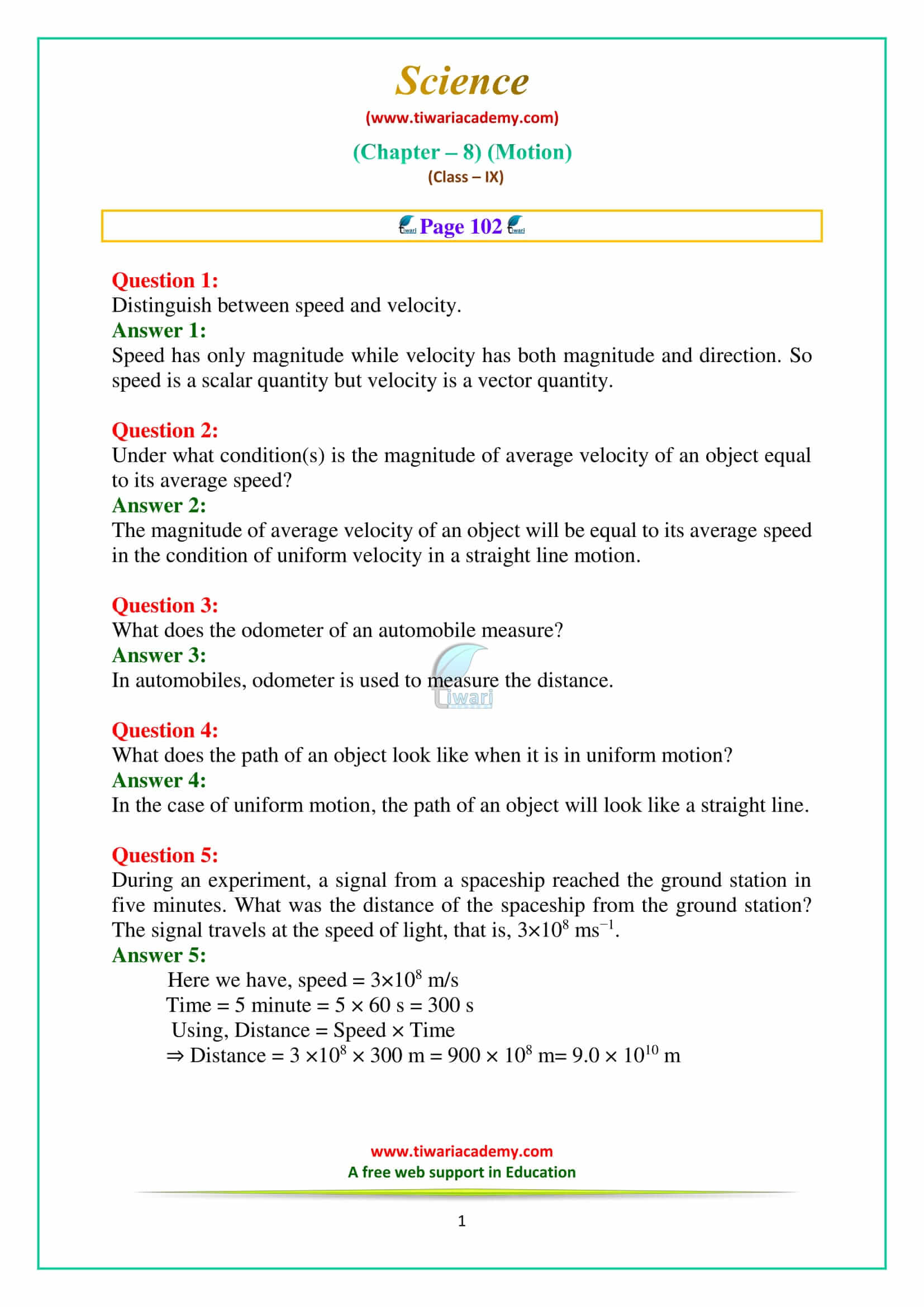NCERT Solutions for Class 9 Science Chapter 8 Motion Intext Questions on Page 102 Answers