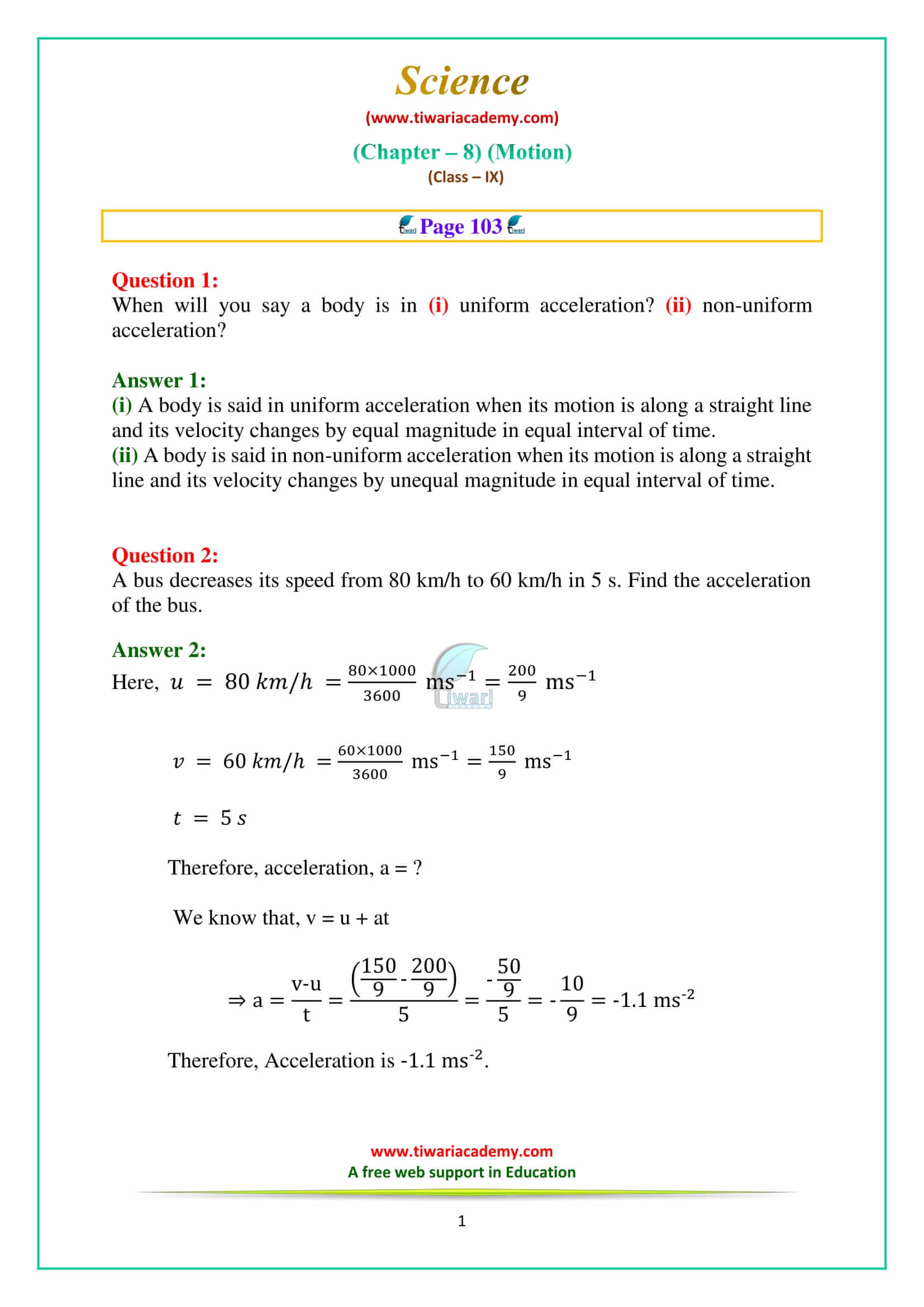 NCERT Solutions for Class 9 Science Chapter 8 Motion Intext Questions on Page 103 Answers