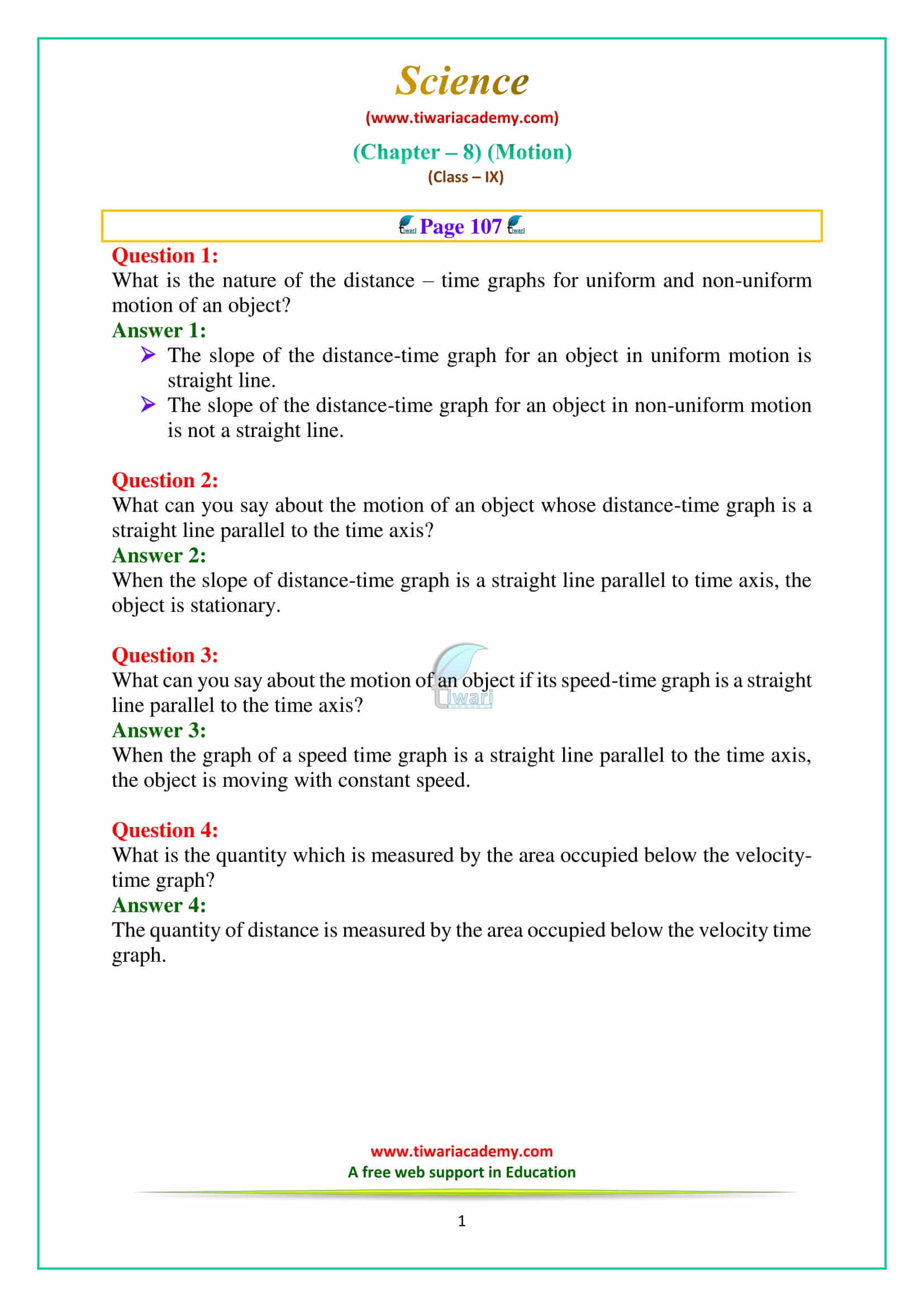 NCERT Solutions for Class 9 Science Chapter 8 Motion Intext Questions on Page 107 Answers