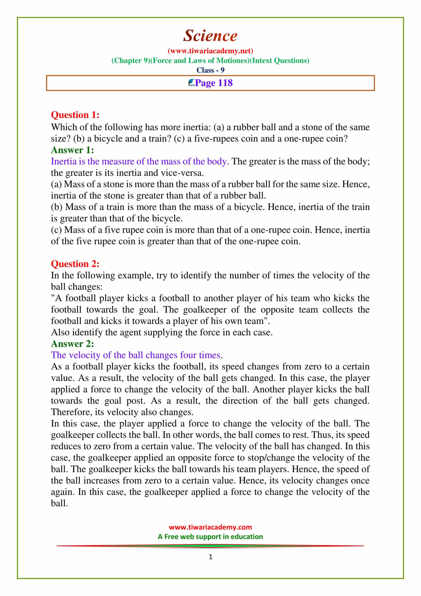 NCERT Solutions for Class 9 Science Chapter 9 force and laws of motion Intext questions on page 118
