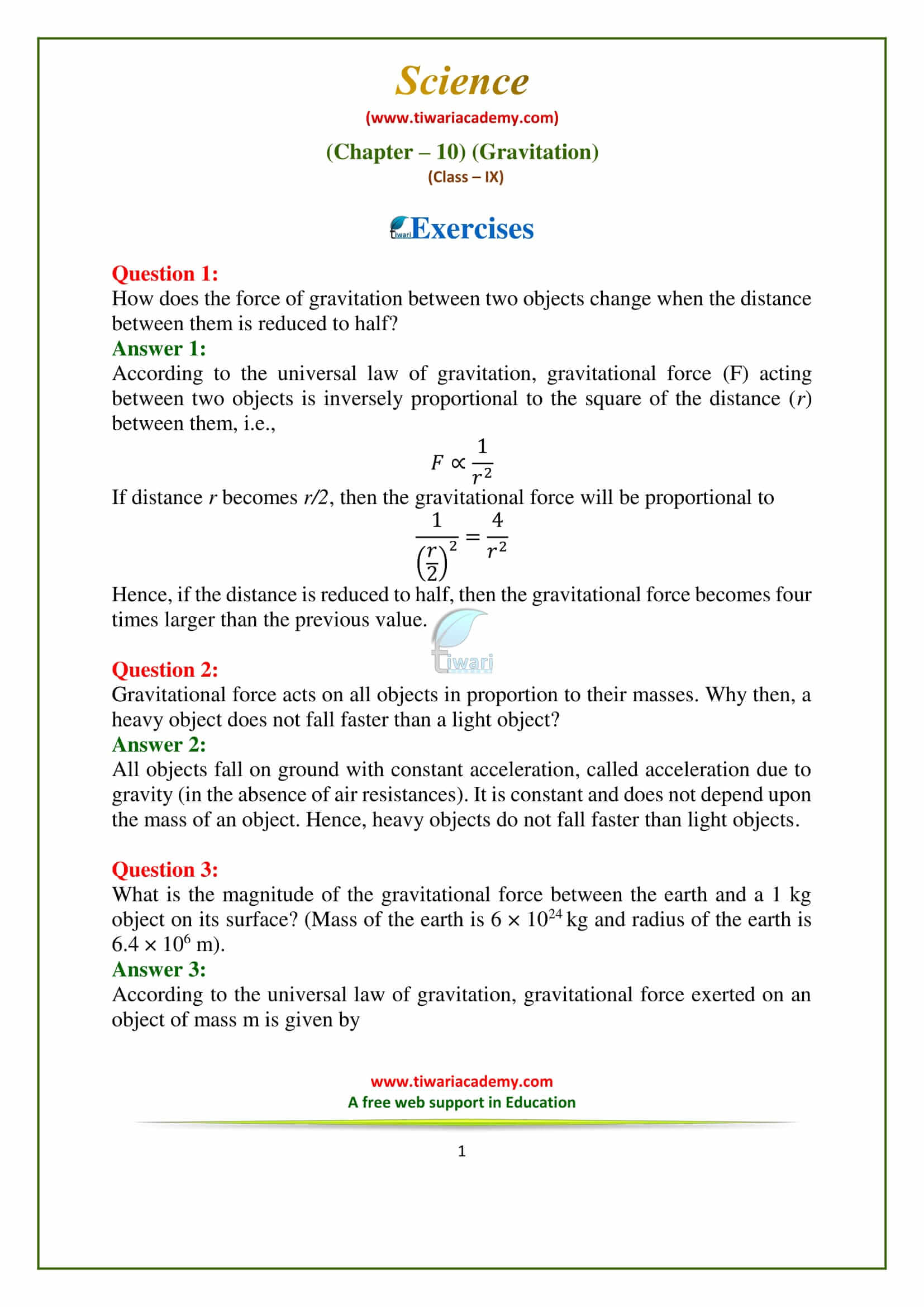 9 Science Chapter 10 Gravitation Exercises question answers