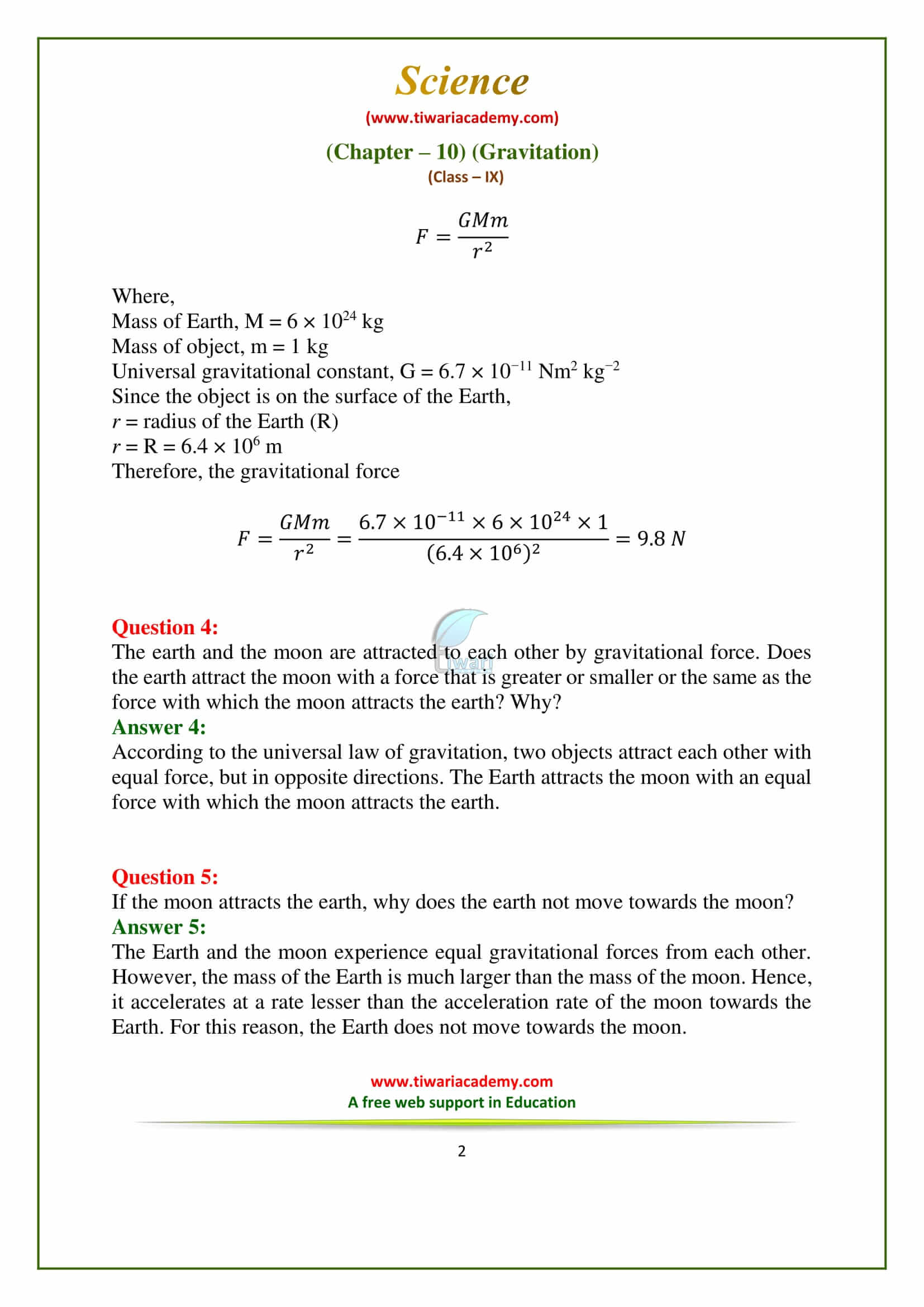 9 Science Chapter 10 Gravitation Exercises question answers in pdf form