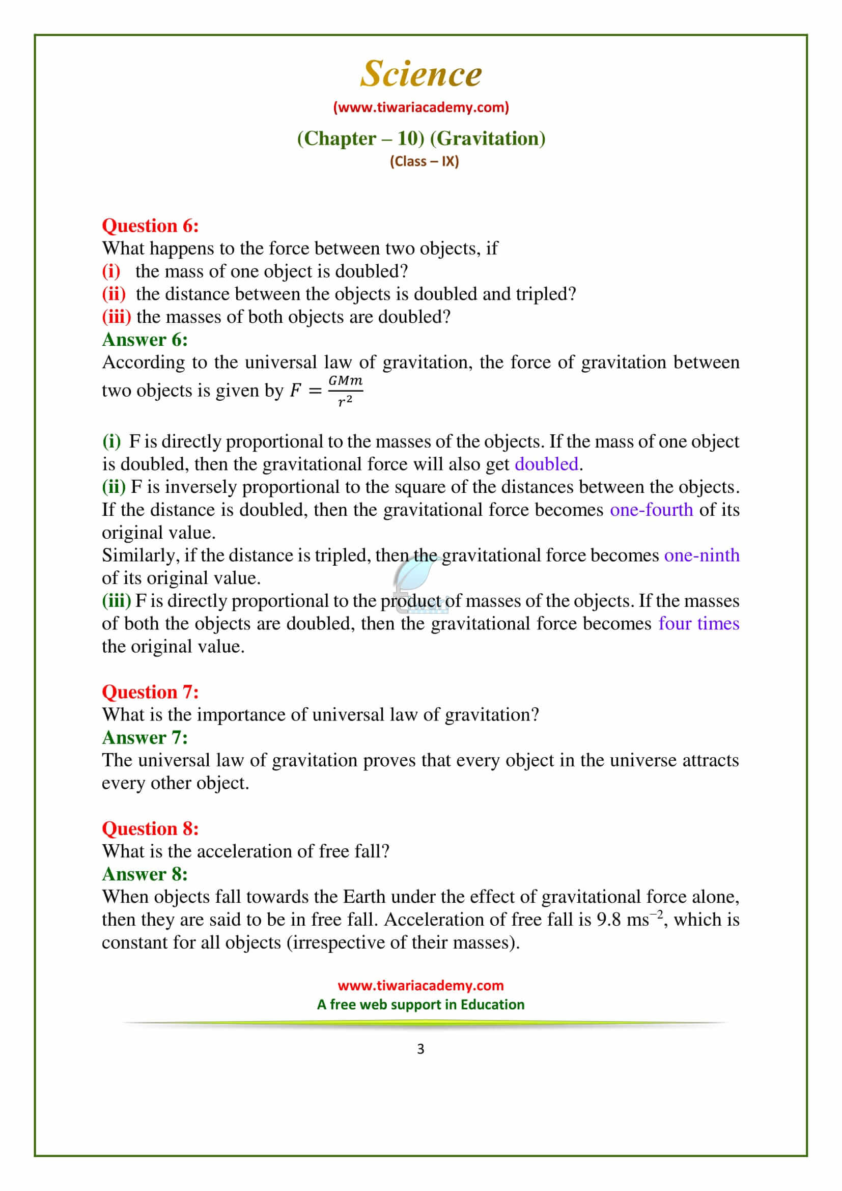 9 Science Chapter 10 Gravitation Exercises question answers guide