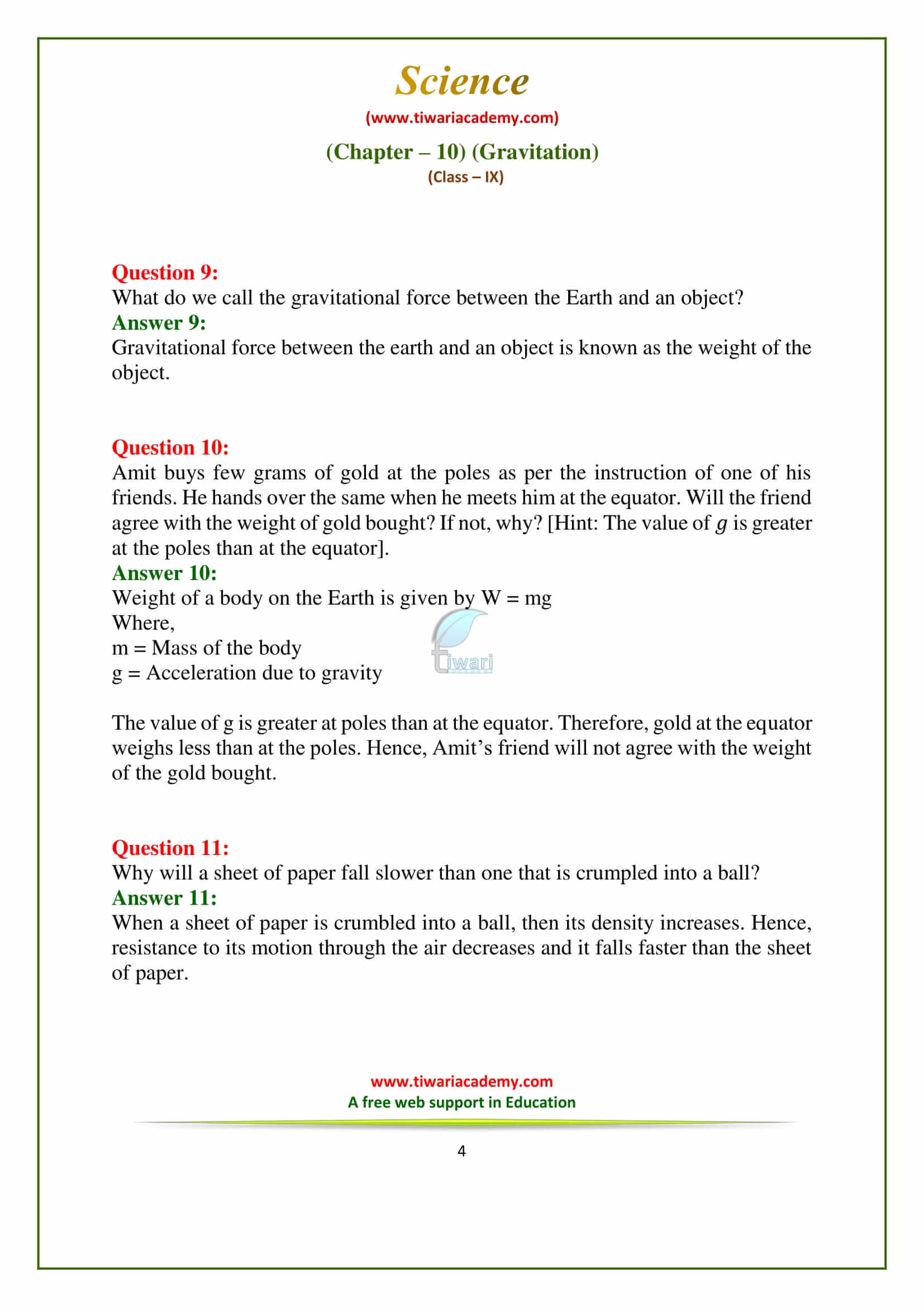 9 Science Chapter 10 Gravitation Exercises