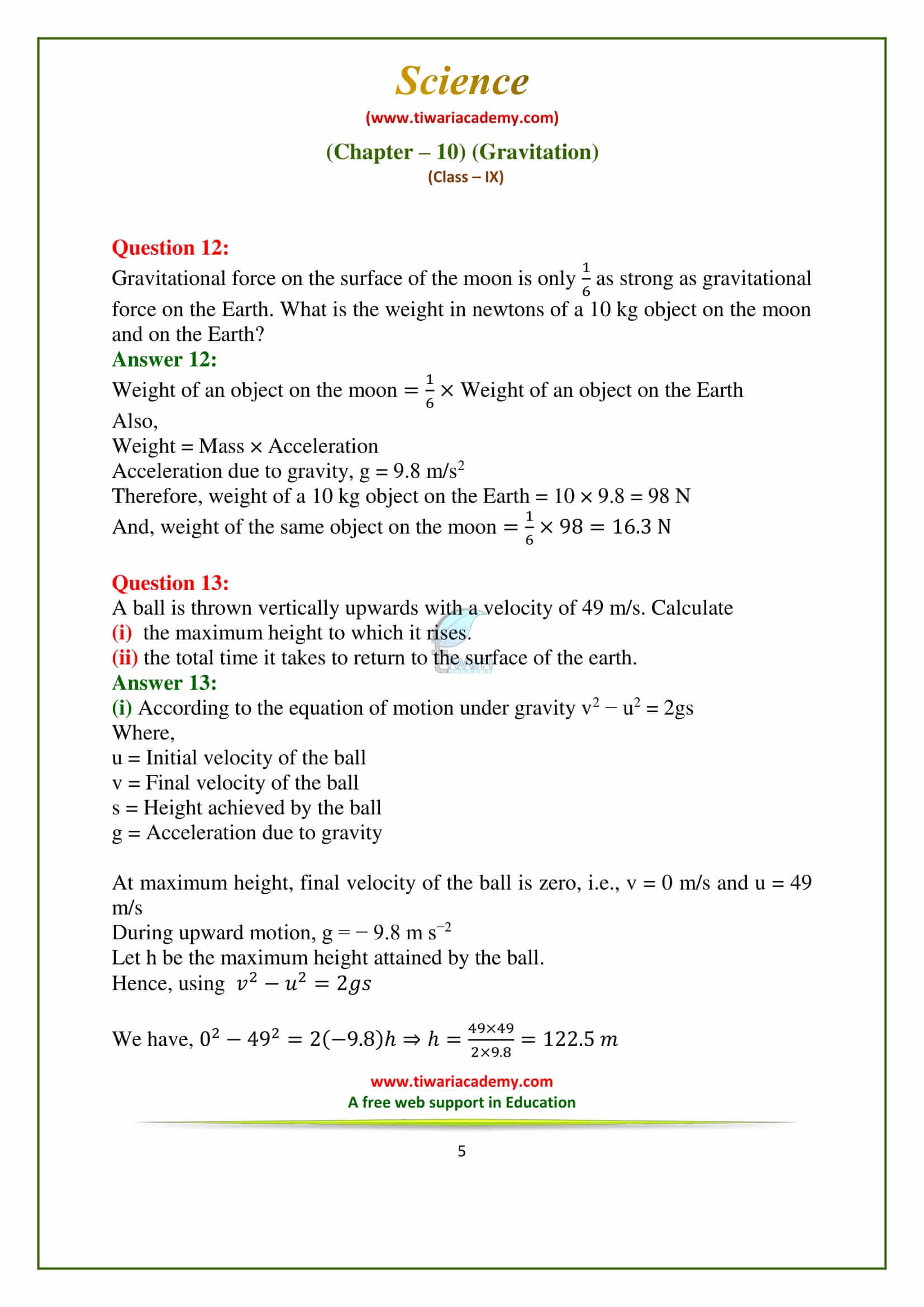 9 Science Chapter 10 Gravitation Exercises in pdf