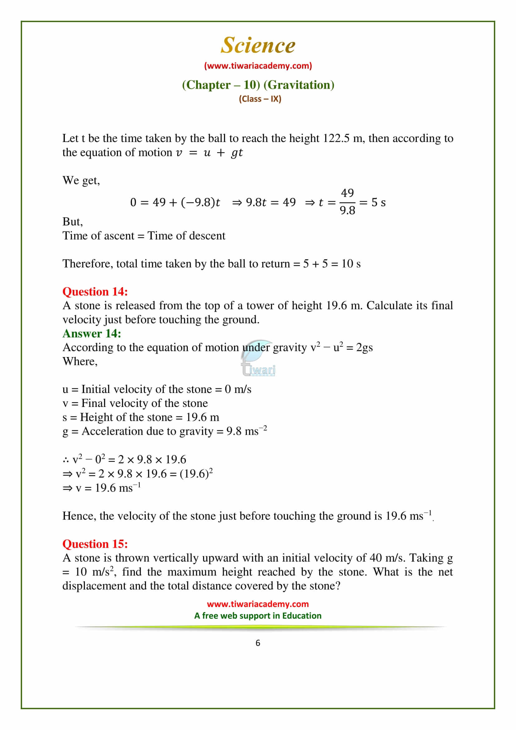 9 Science Chapter 10 Gravitation