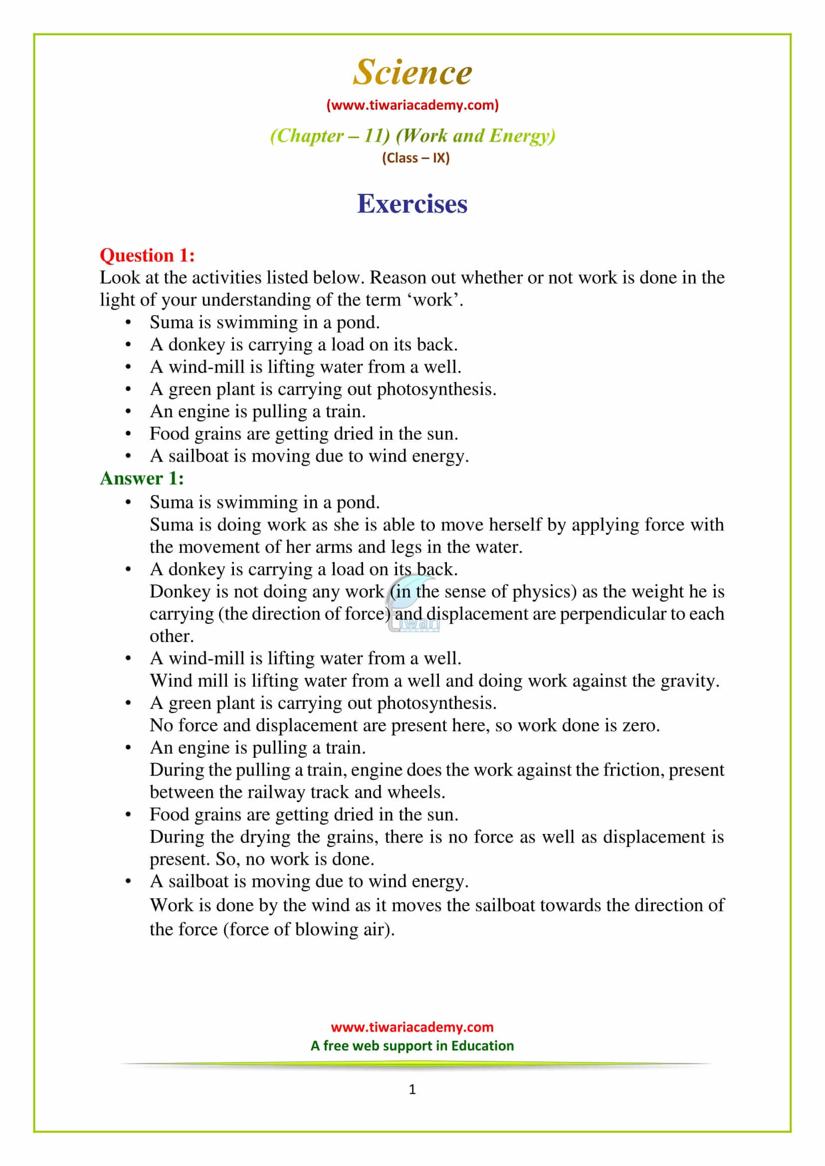 NCERT Solutions for Class 9 Science Chapter 11 Work and Energy Exercises