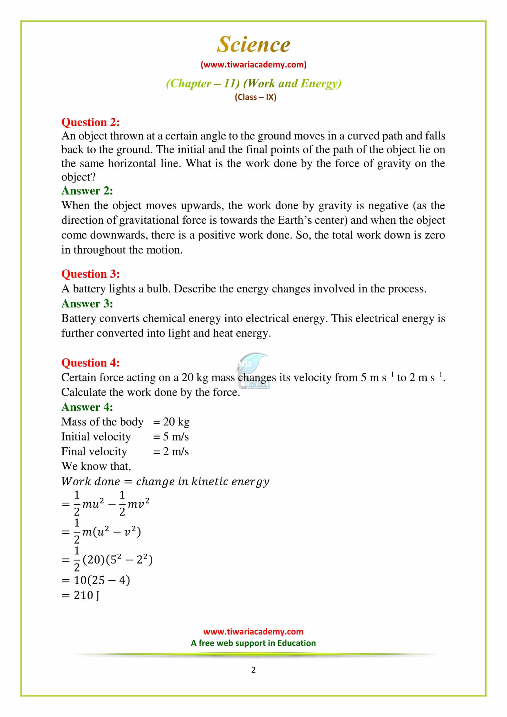NCERT Solutions for Class 9 Science Chapter 11 Work and Energy Exercises answers in pdf