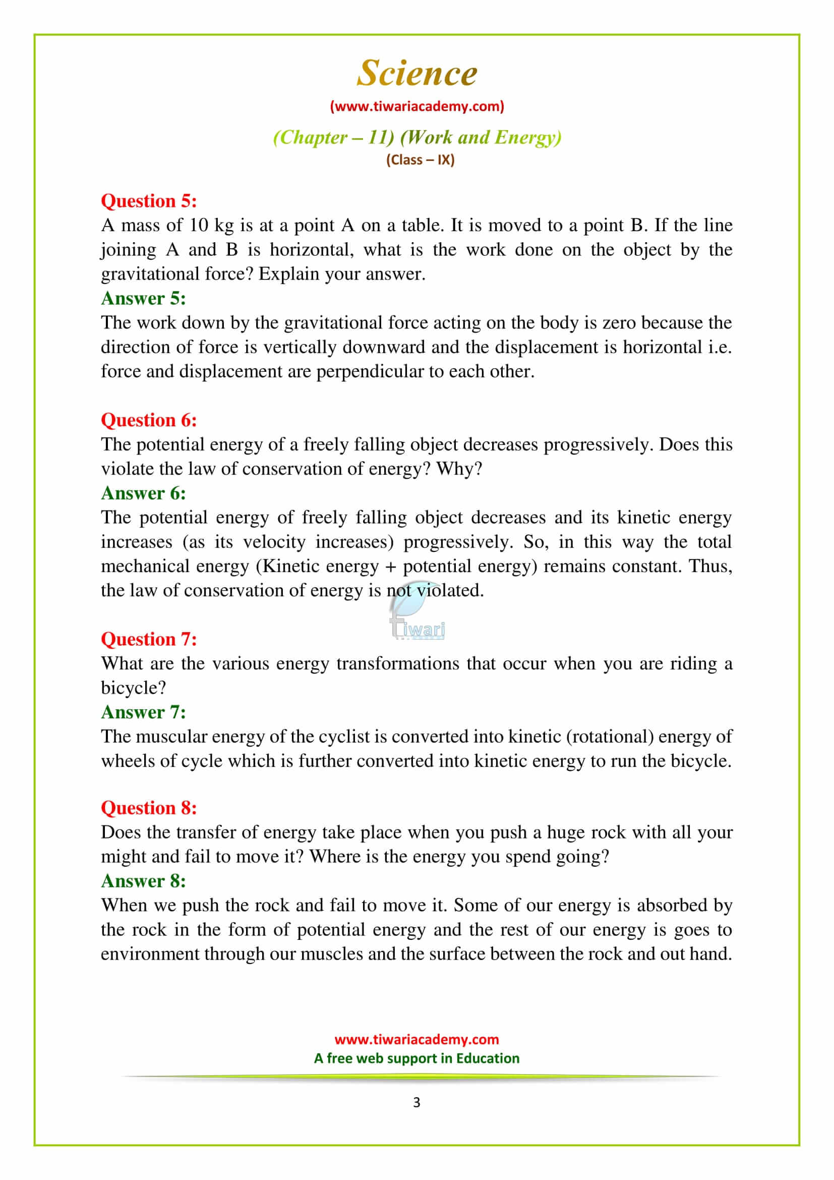 NCERT Solutions for Class 9 Science Chapter 11 Work and Energy Exercises answers in english medium